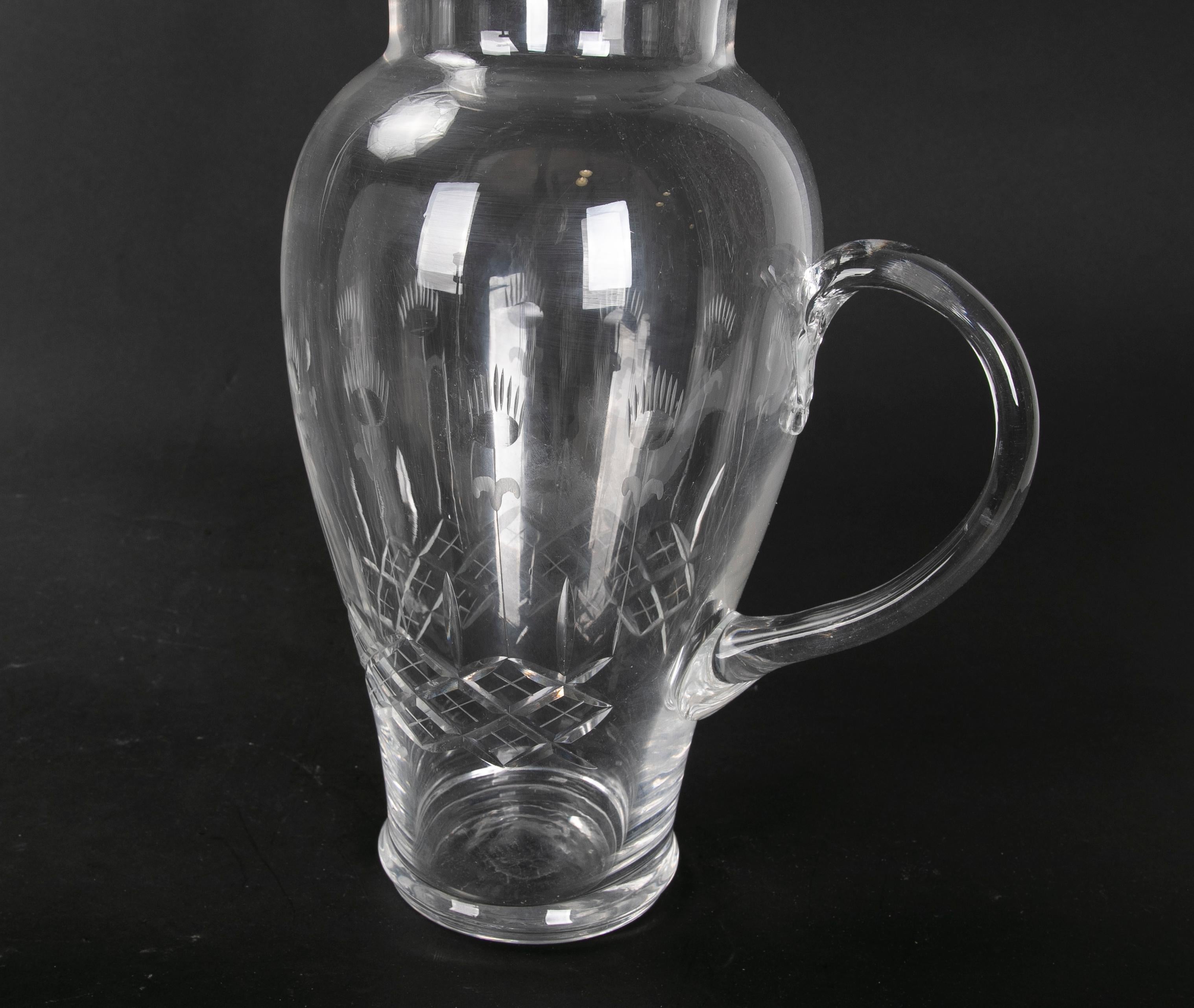Hand Carved Glass Pitcher with Hand Carved Serving Handle For Sale 3