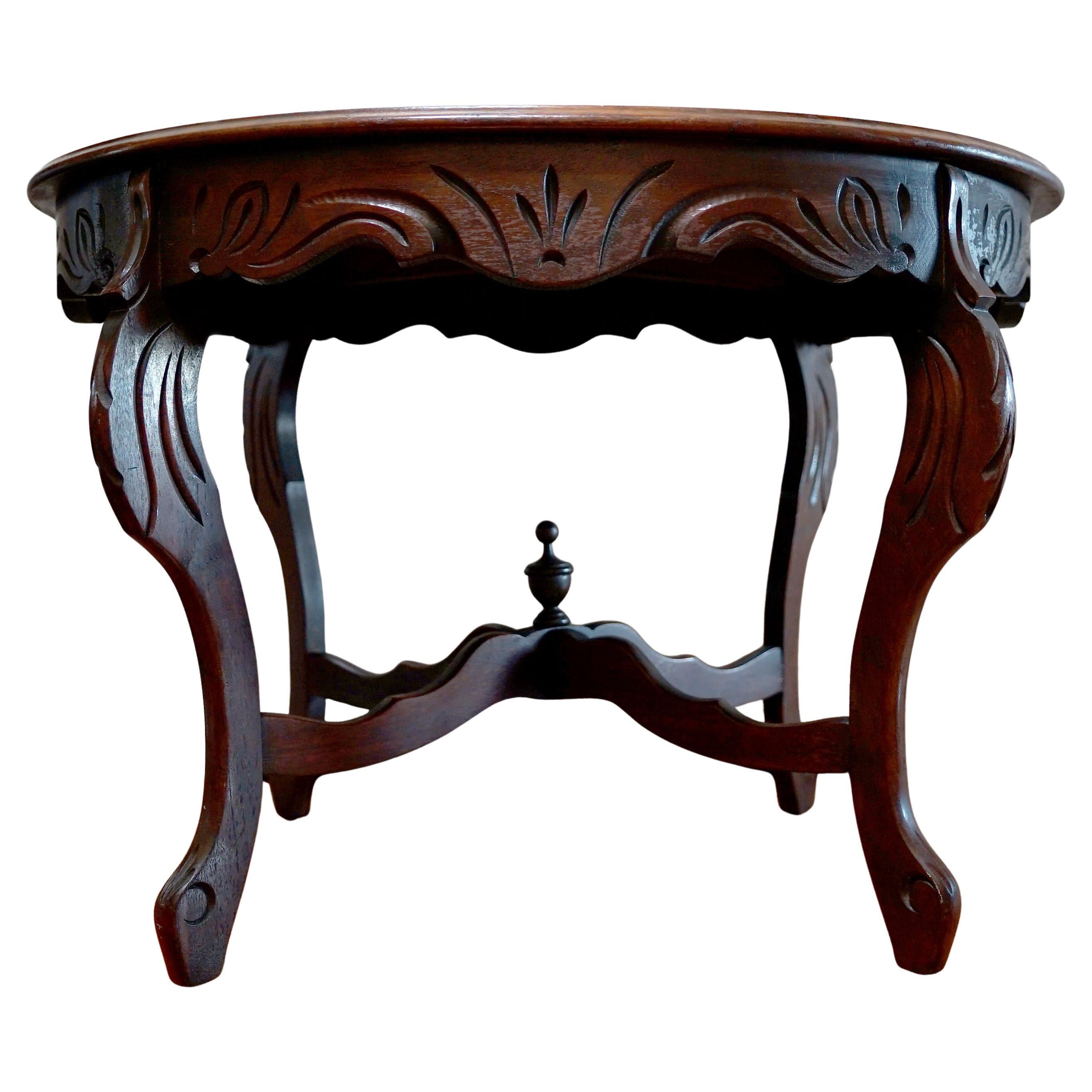 Hand Carved Glass-Top Walnut Tea Tray Table with Deep Patina, Antique