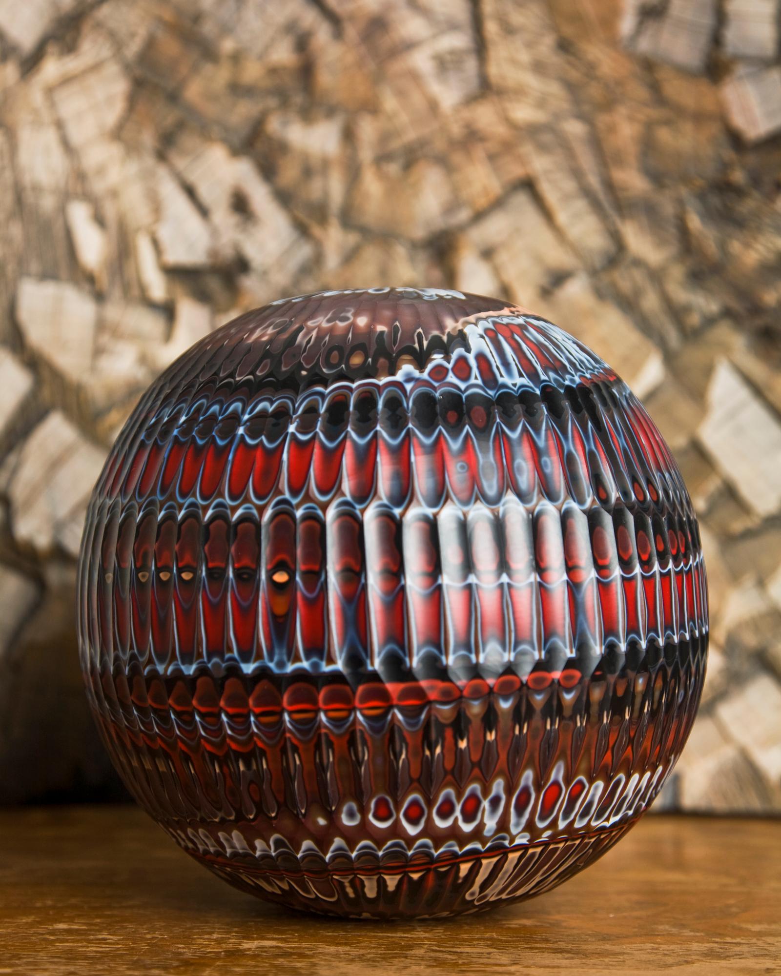 Modern Hand-Carved Glass Vase, Mokume Battuto Red Sphere - In Stock