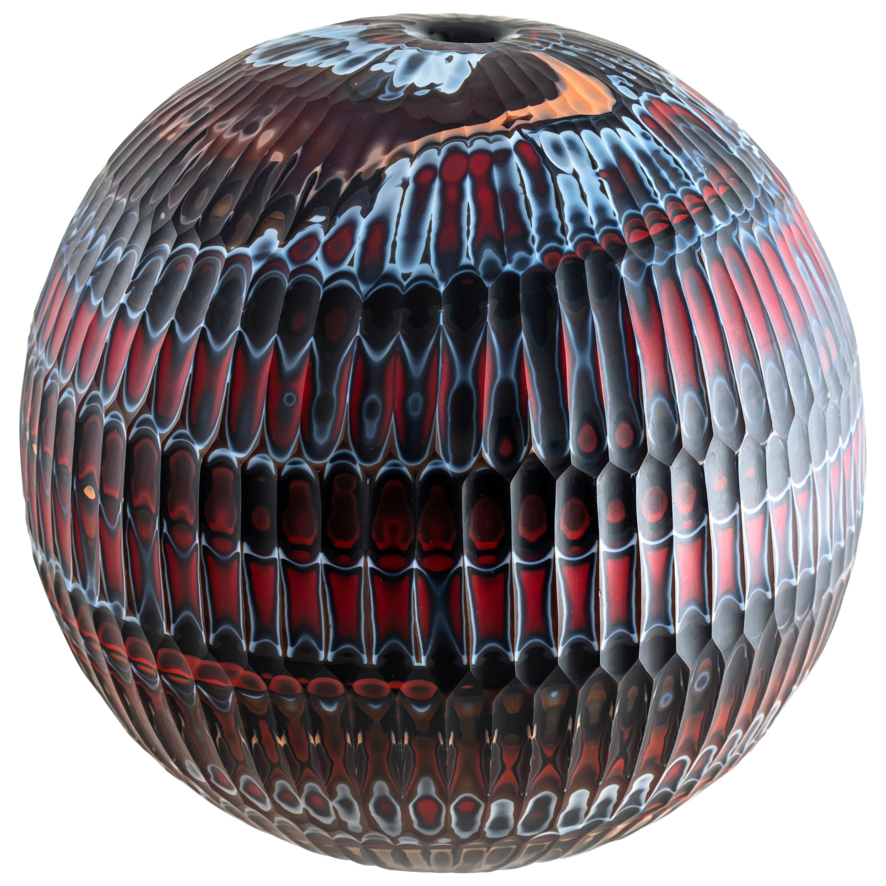 Hand-Carved Glass Vase, Mokume Battuto Red Sphere - In Stock