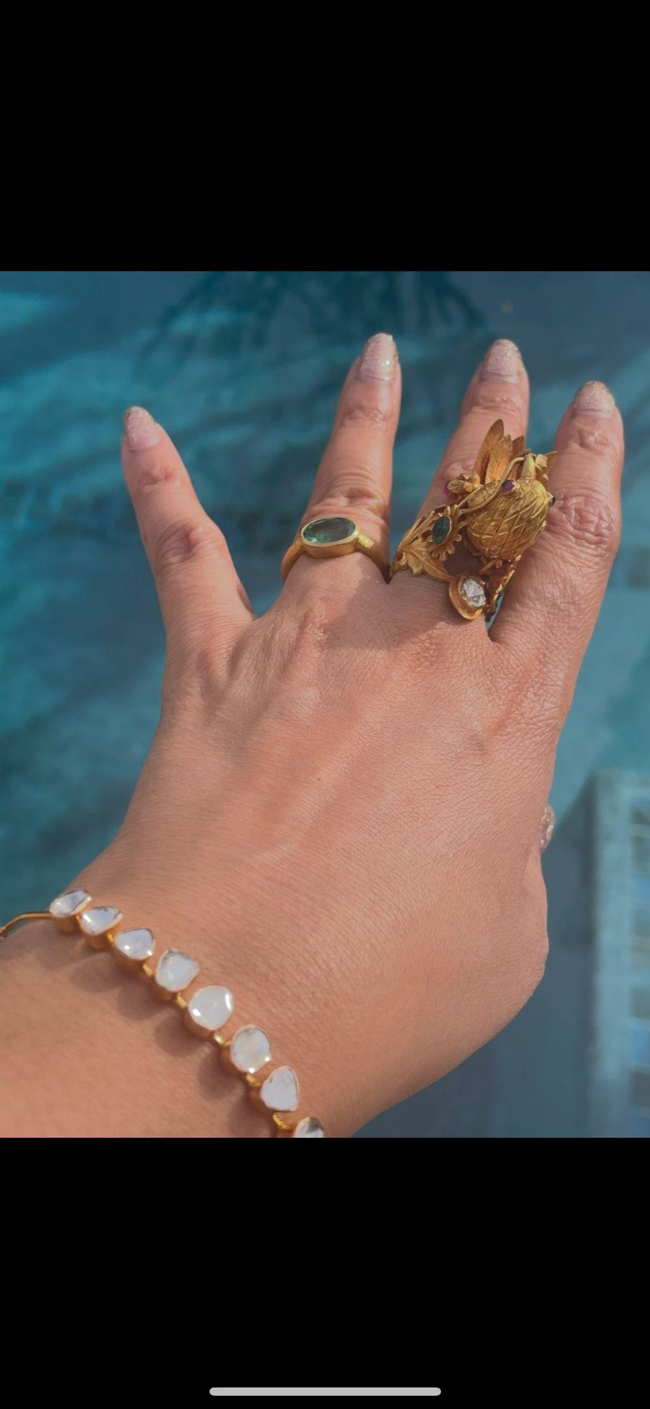 Hand Carved Gold Bird Ring with 15 carats Emerald Ruby Diamond 22k gold custom For Sale 8