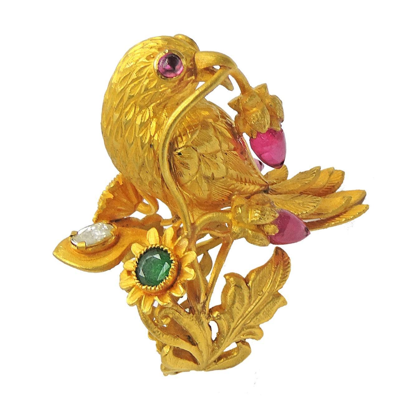 Hand Carved Gold Bird Ring with 13 carats Emerald Ruby Diamond 22k gold customizable to size 
One of our most special pieces- This would be a custom order and will take about 60 days to ship as this is entirely carved by hand and takes many hundred