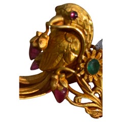 Hand Carved Gold Bird Ring with 15 carats Emerald Ruby Diamond 22k gold custom
