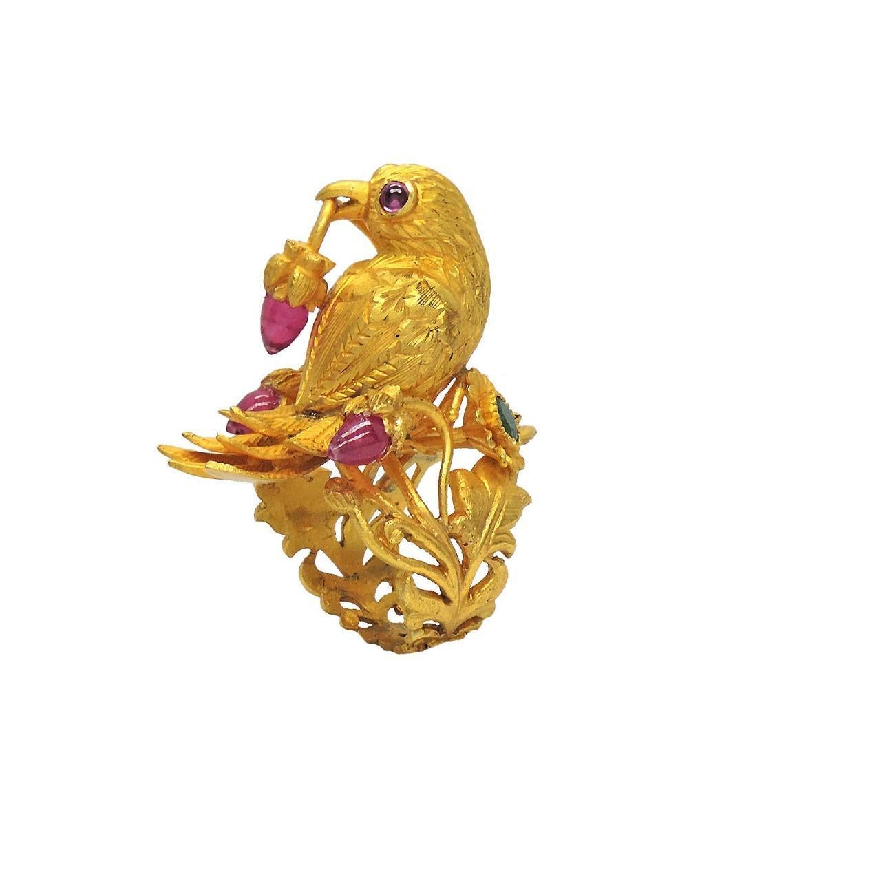 Cabochon Hand Carved Gold Bird Ring with 15 carats Emerald Ruby Diamond 22k gold custom For Sale