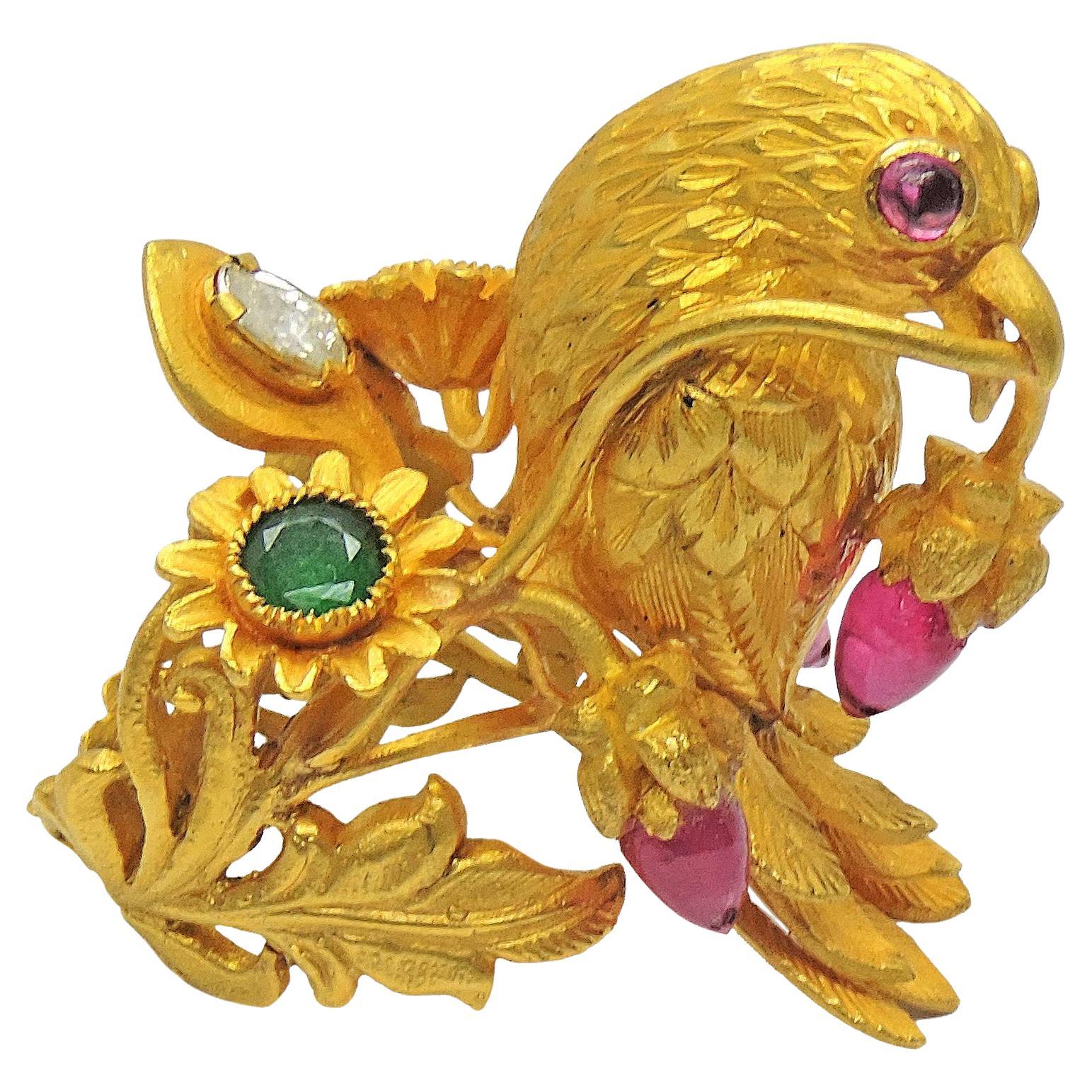 Hand Carved Gold Bird Ring with 15 carats Emerald Ruby Diamond 22k gold custom For Sale