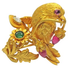 Hand Carved Gold Bird Ring with 15 carats Emerald Ruby Diamond 22k gold custom