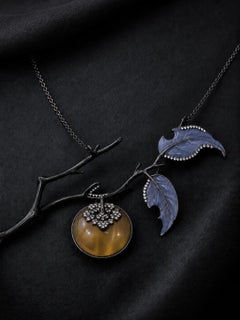 Hand Carved Gold Lepidolite Angelite Diamond Persimmon Pendant in 18K Gold