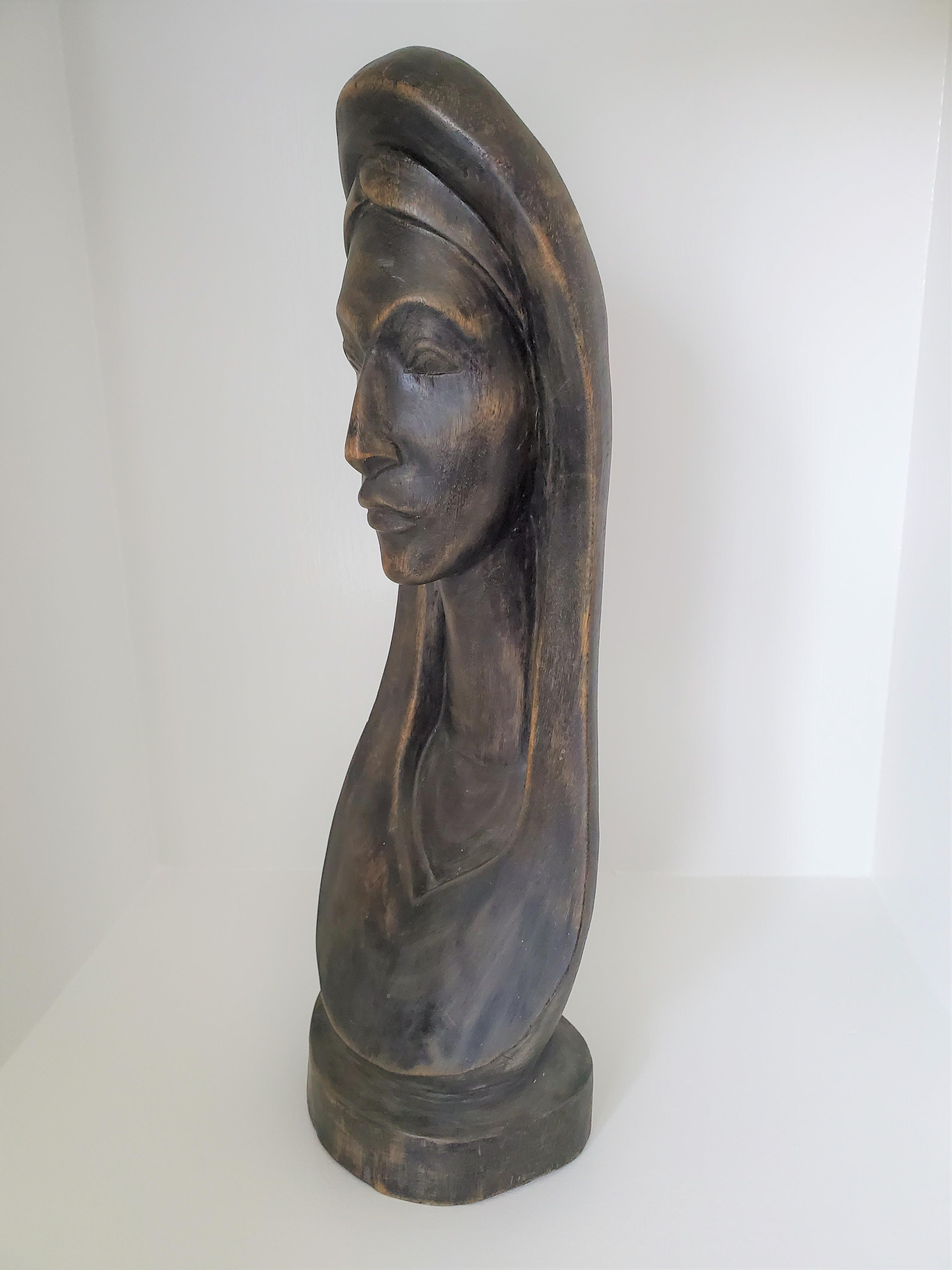Mid-Century Modern Antique Wood Sculpture or Bust of a Woman or Madonna - Hand Carved and Bronzed  For Sale