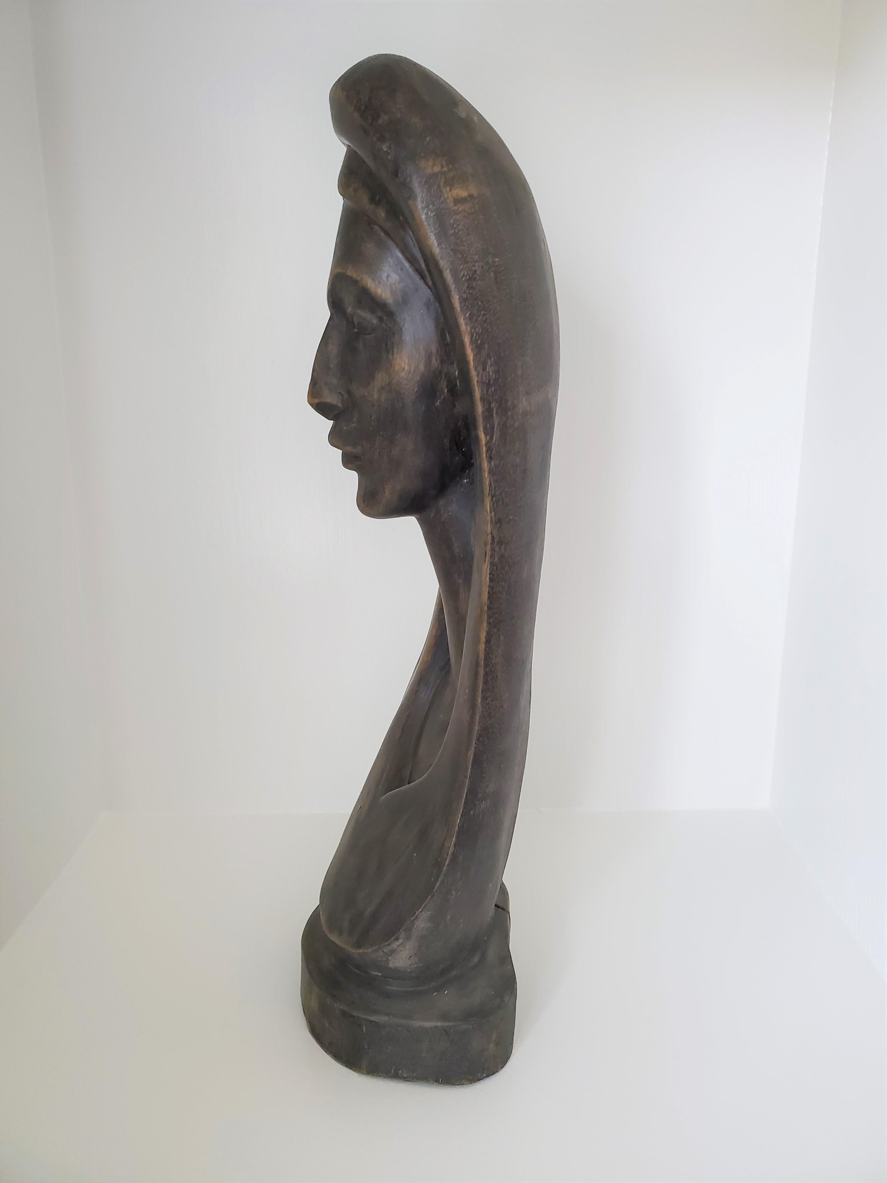 Unknown Antique Wood Sculpture or Bust of a Woman or Madonna - Hand Carved and Bronzed  For Sale