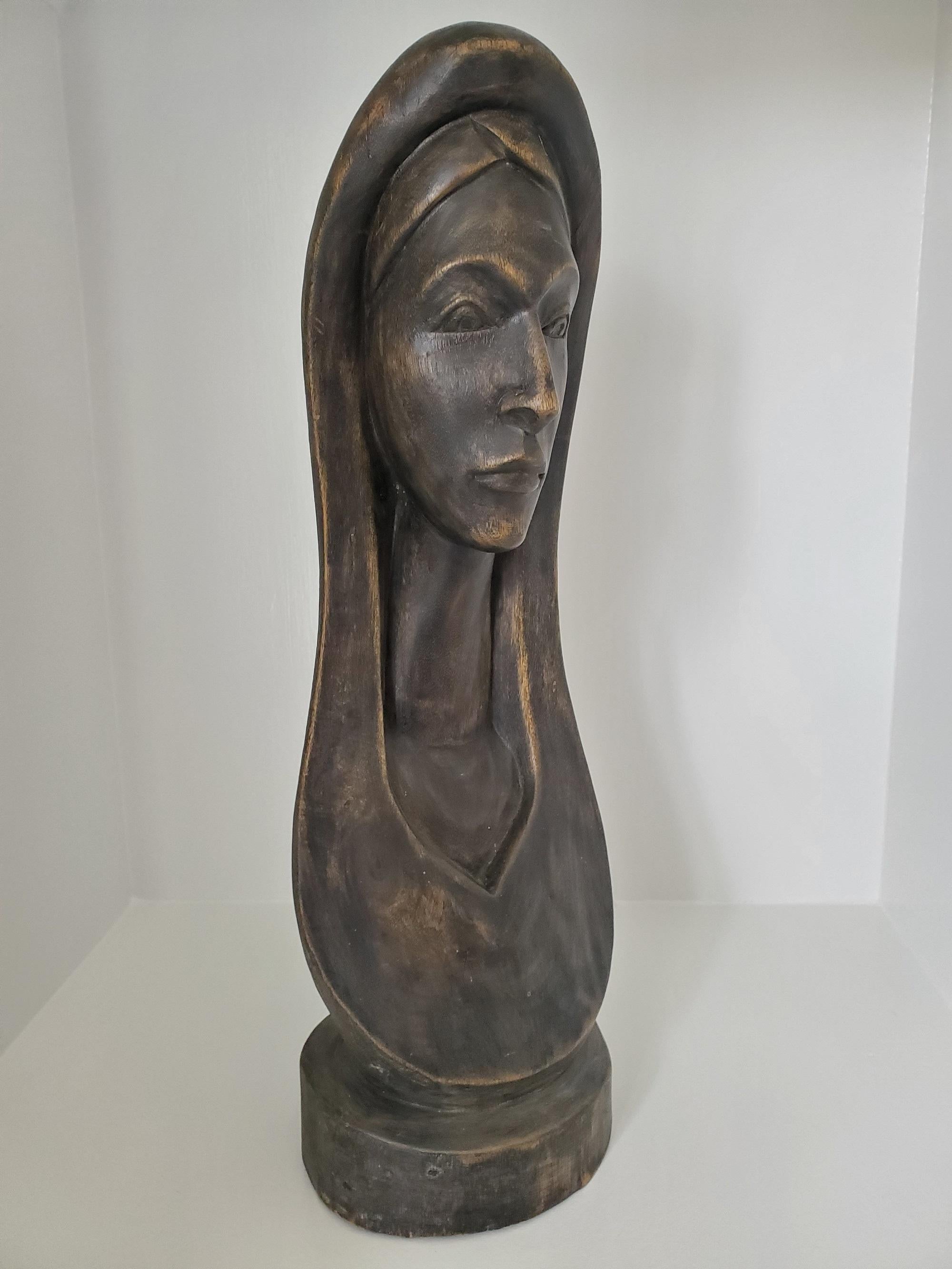 Antique Wood Sculpture or Bust of a Woman or Madonna - Hand Carved and Bronzed  For Sale 1