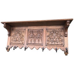 Antique Hand-Carved Gothic Revival Coat Rack with Iron Hooks & Church Window Panels