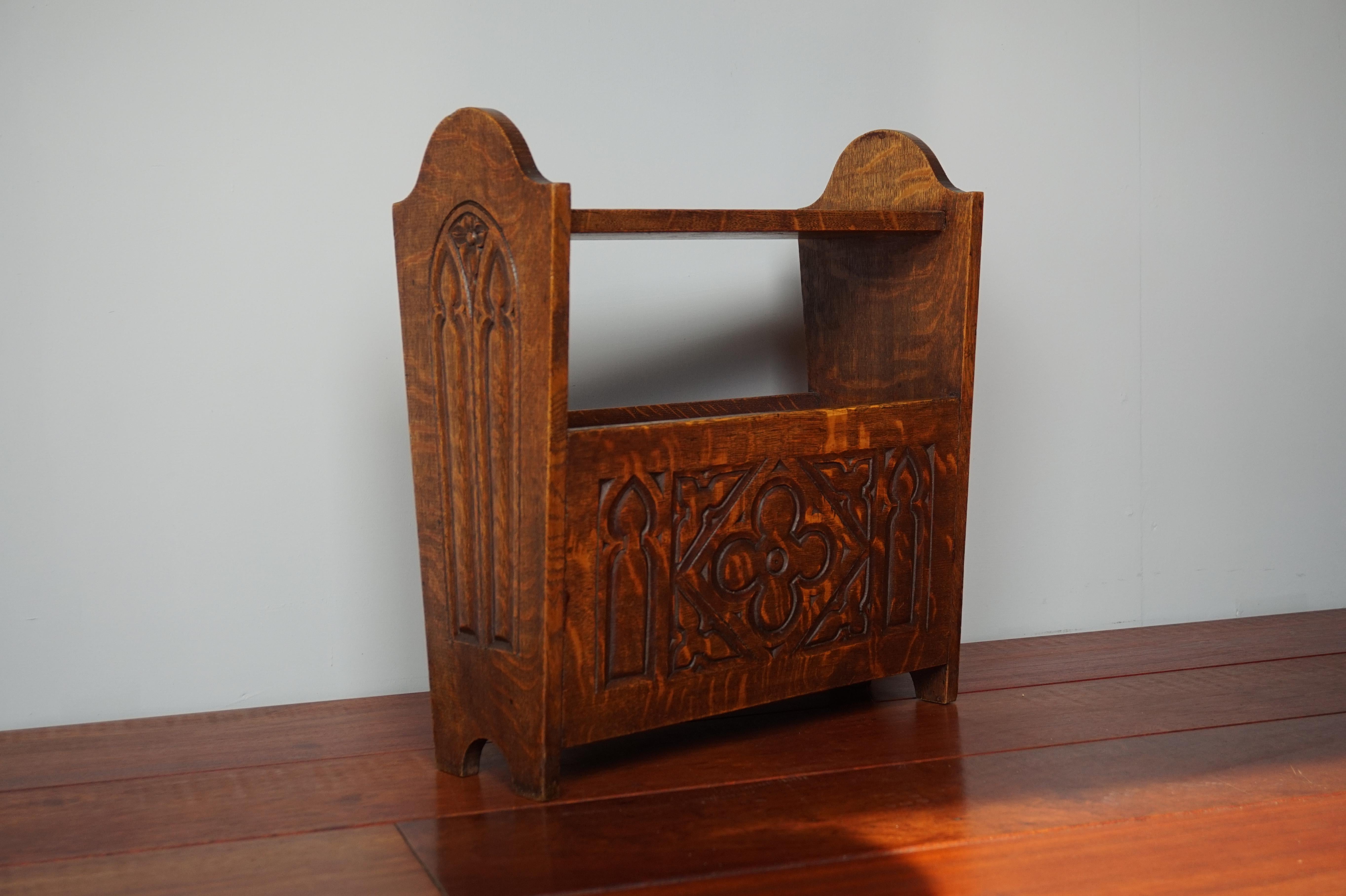 Hand Carved Gothic Revival Newspaper & Magazine Stand of Early 1900s Tiger Oak 5