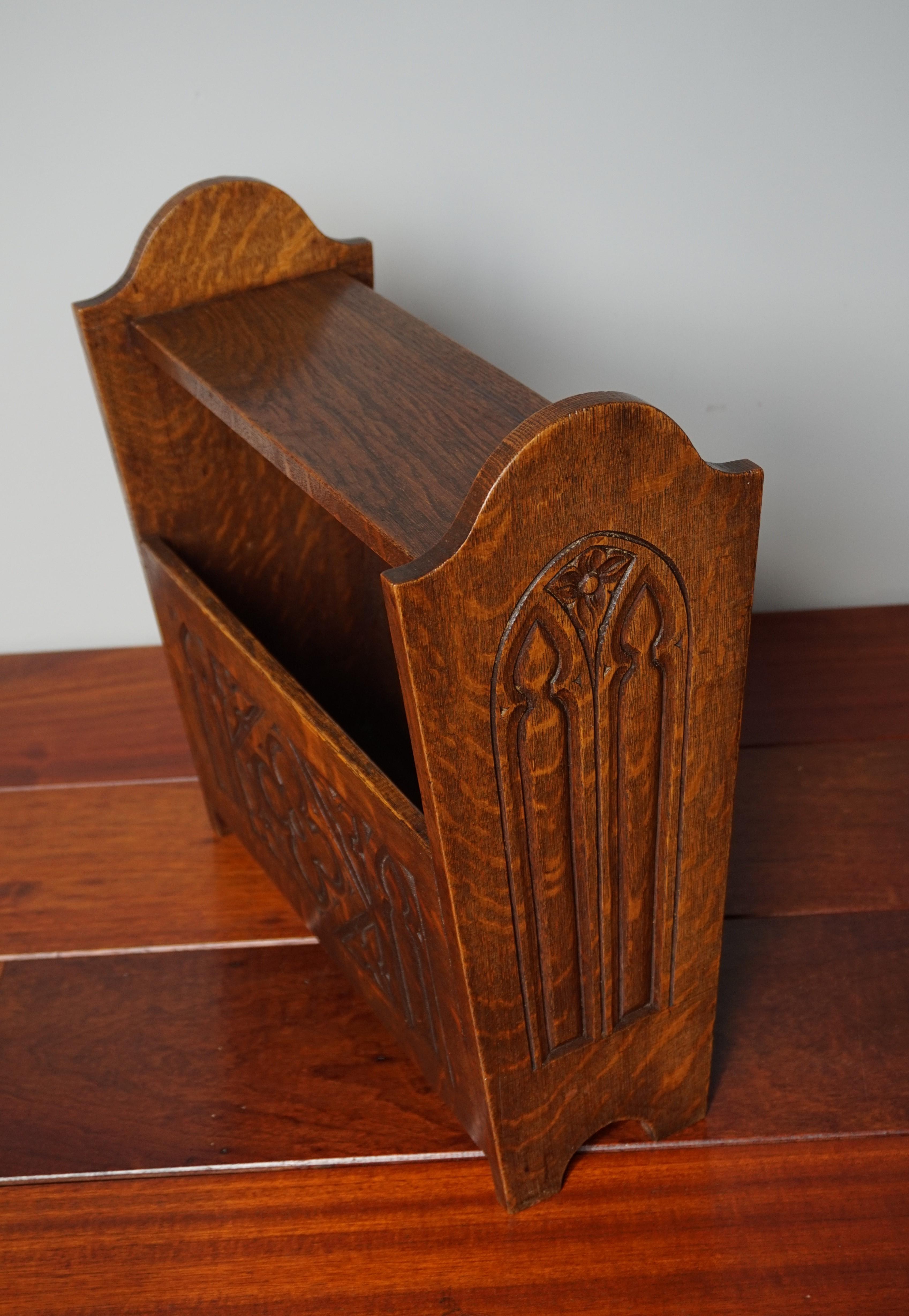 Hand Carved Gothic Revival Newspaper & Magazine Stand of Early 1900s Tiger Oak 3