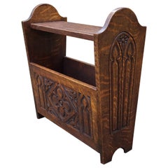 Antique Hand Carved Gothic Revival Newspaper & Magazine Stand of Early 1900s Tiger Oak