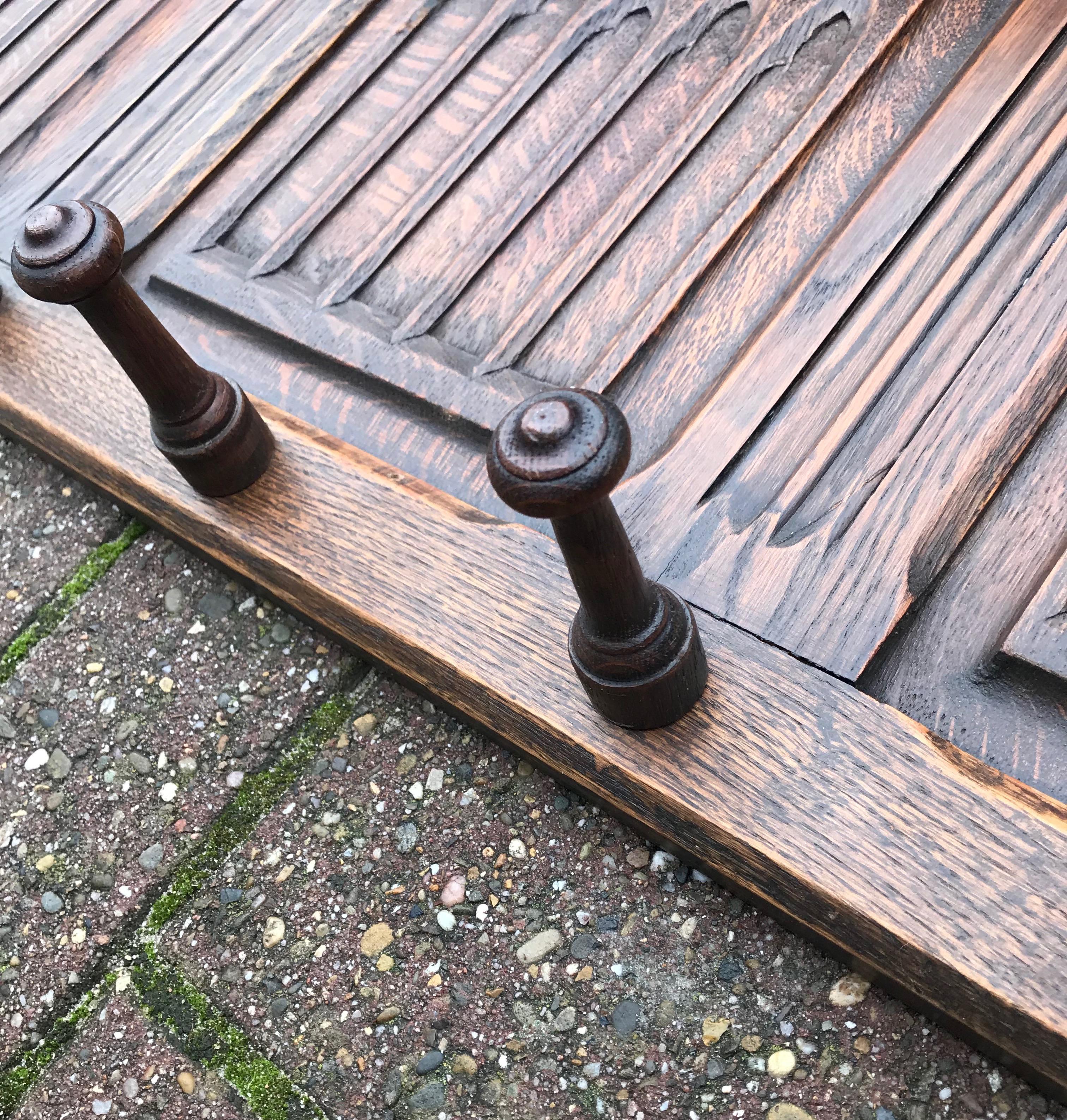 Hand Carved Gothic Revival Oak Wall Coat Rack with Stylish Church Window Panels  4