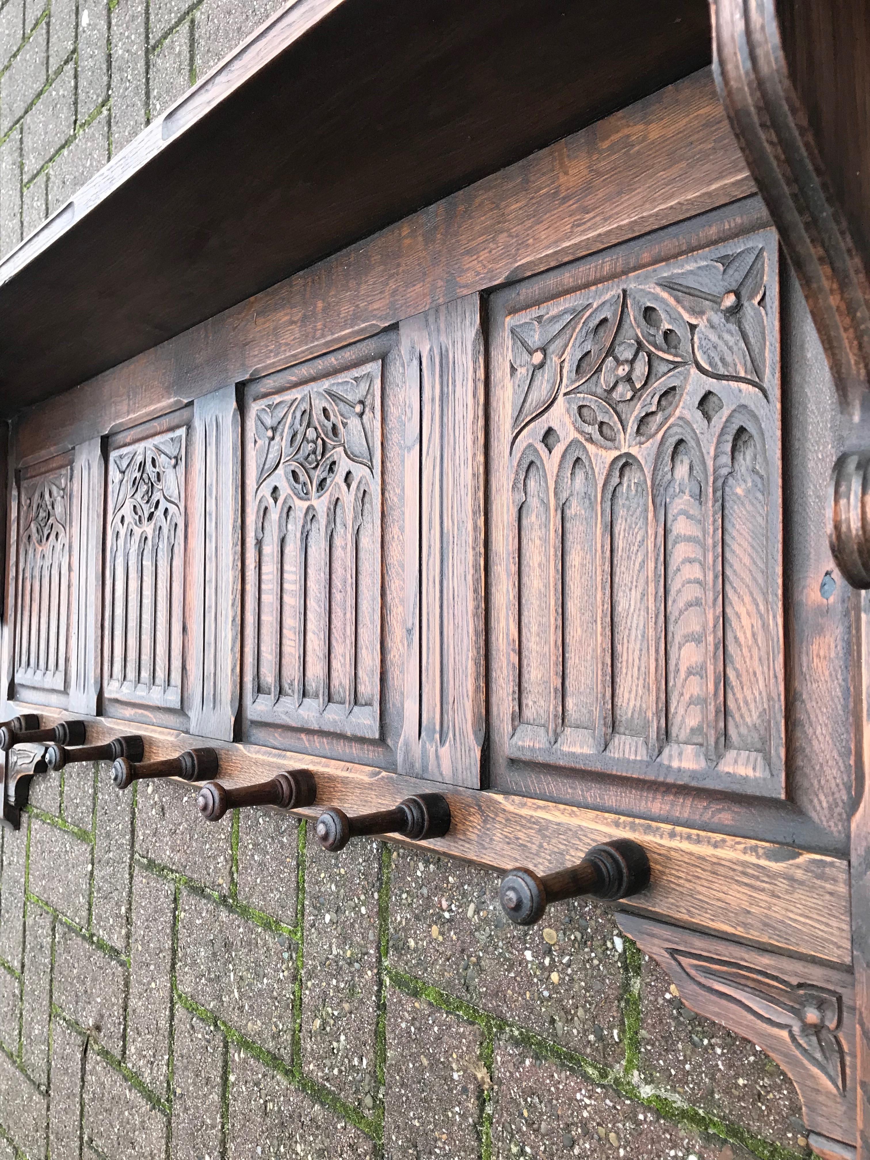 Hand Carved Gothic Revival Oak Wall Coat Rack with Stylish Church Window Panels  5