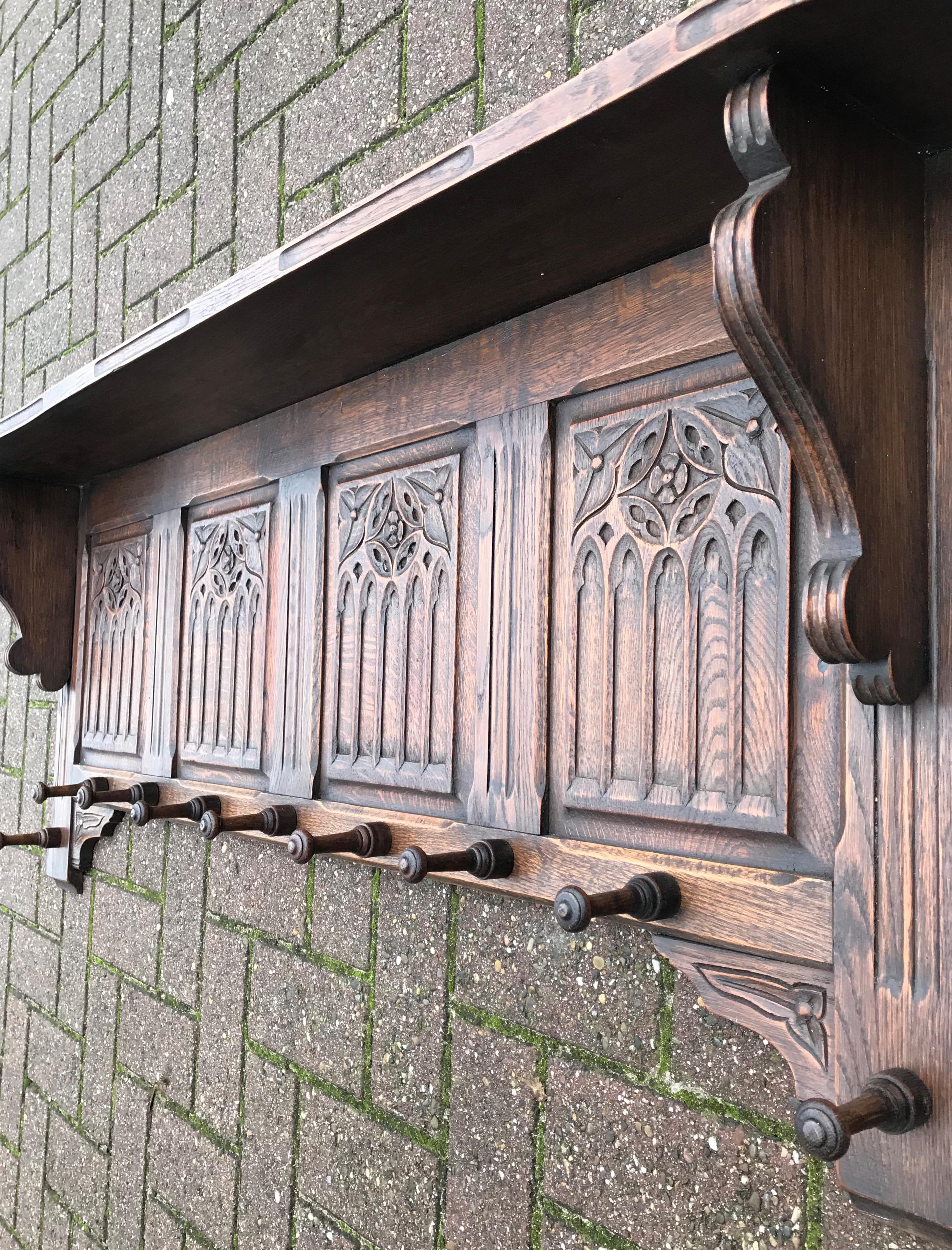 Hand Carved Gothic Revival Oak Wall Coat Rack with Stylish Church Window Panels 6
