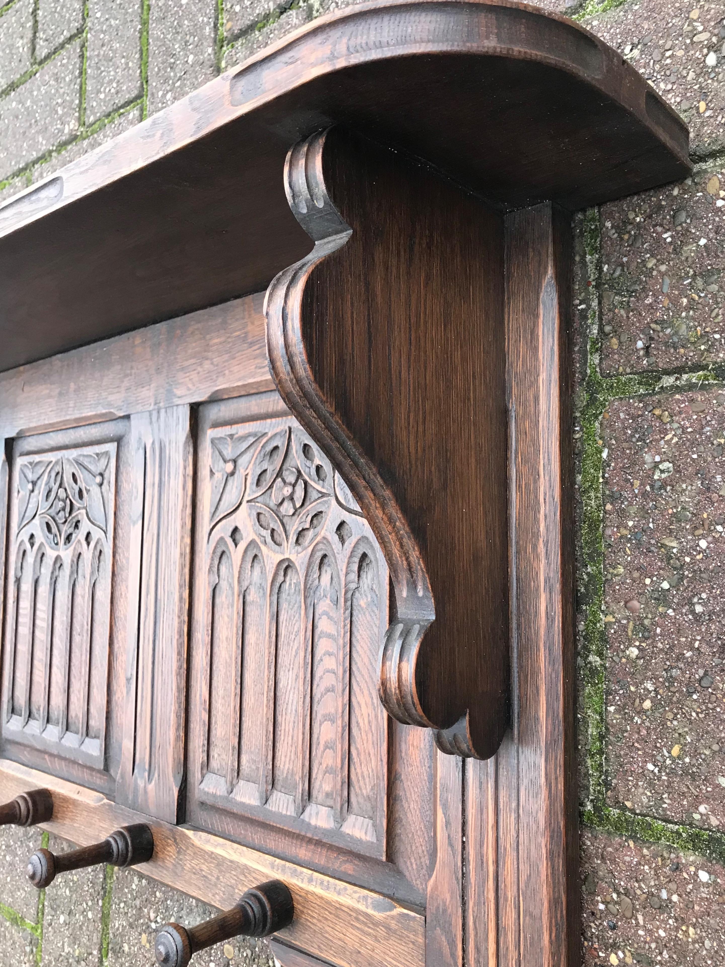 Hand Carved Gothic Revival Oak Wall Coat Rack with Stylish Church Window Panels  7