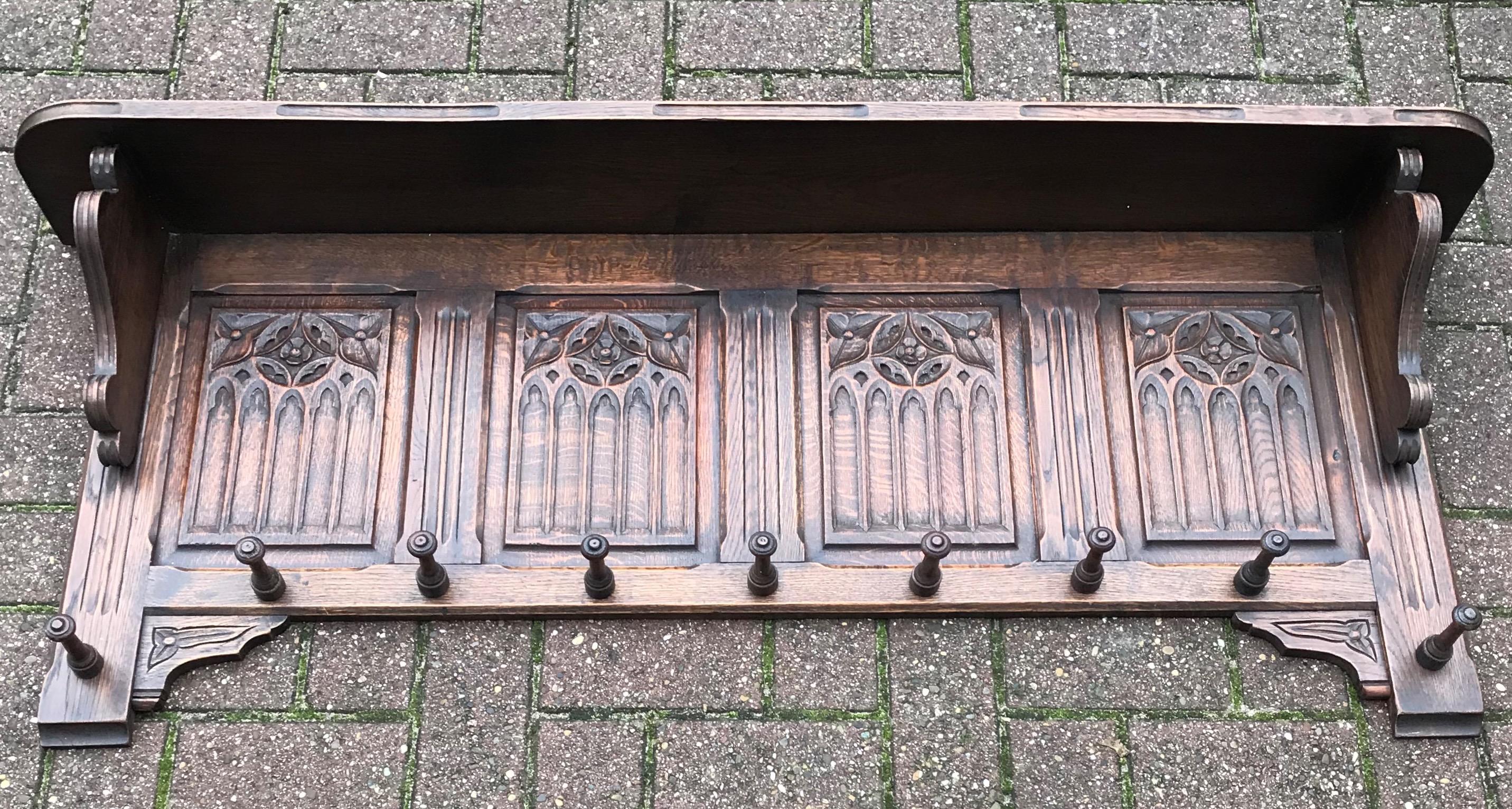 Hand Carved Gothic Revival Oak Wall Coat Rack with Stylish Church Window Panels  8