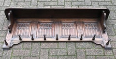 Hand Carved Gothic Revival Oak Wall Coat Rack with Stylish Church Window Panels