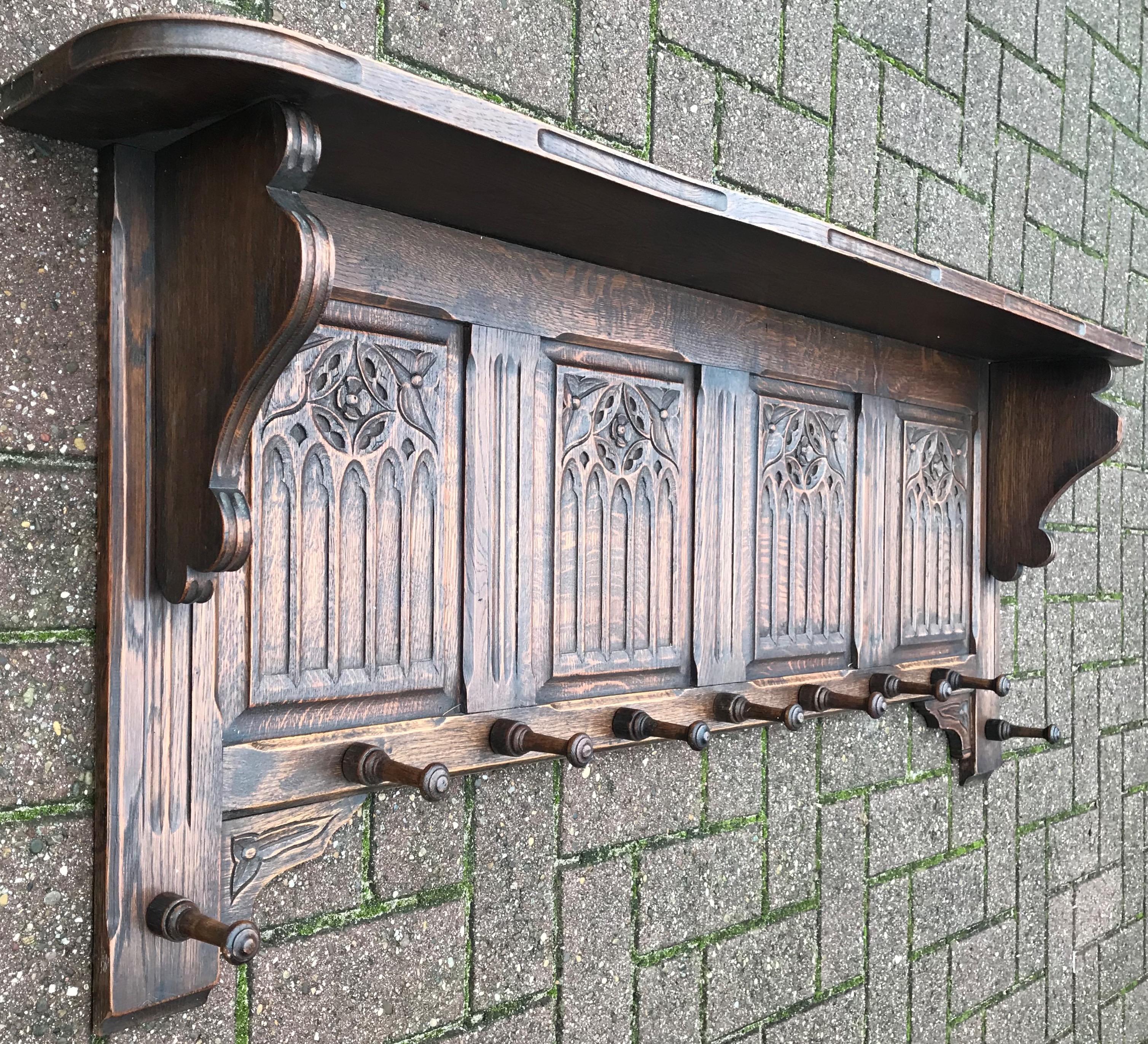 Hand-Crafted Hand Carved Gothic Revival Oak Wall Coat Rack with Stylish Church Window Panels