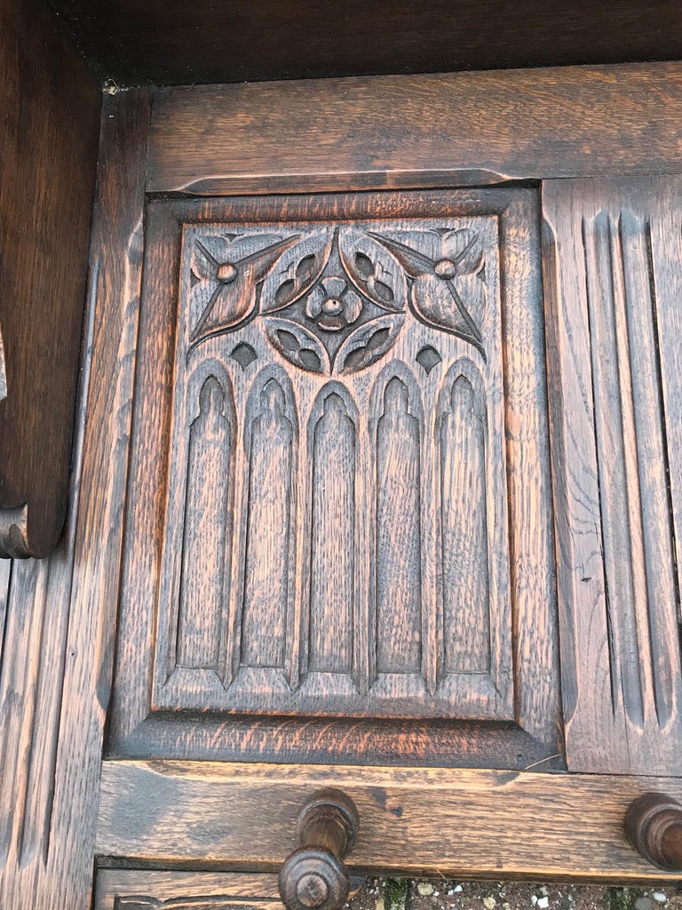 Hand Carved Gothic Revival Oak Wall Coat Rack with Stylish Church