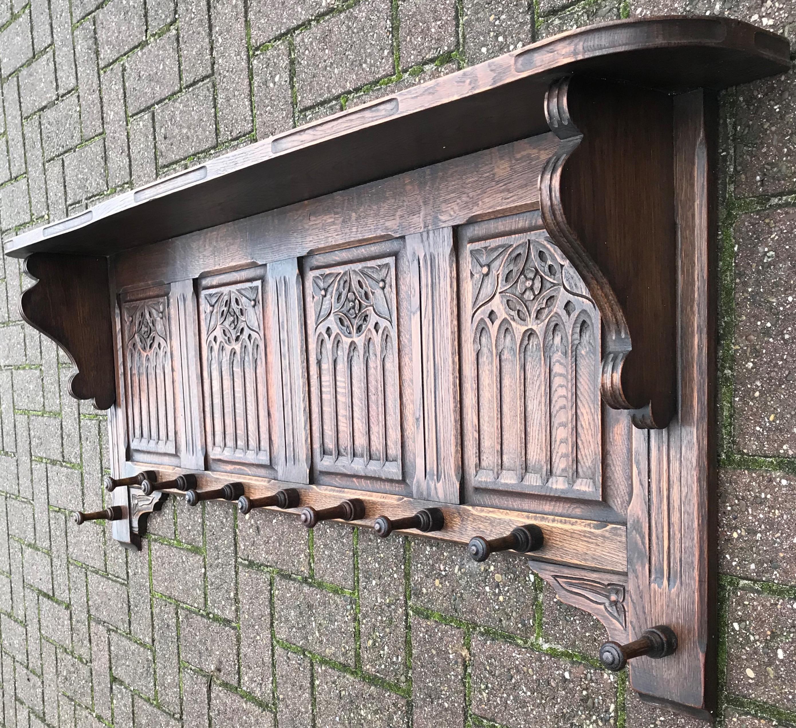 Hand Carved Gothic Revival Oak Wall Coat Rack with Stylish Church Window Panels  2