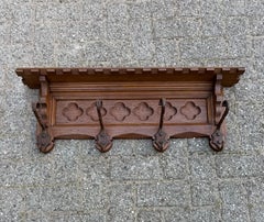 Hand Carved Gothic Revival Oak Wall Coat Rack with Stylish Church Window Panel