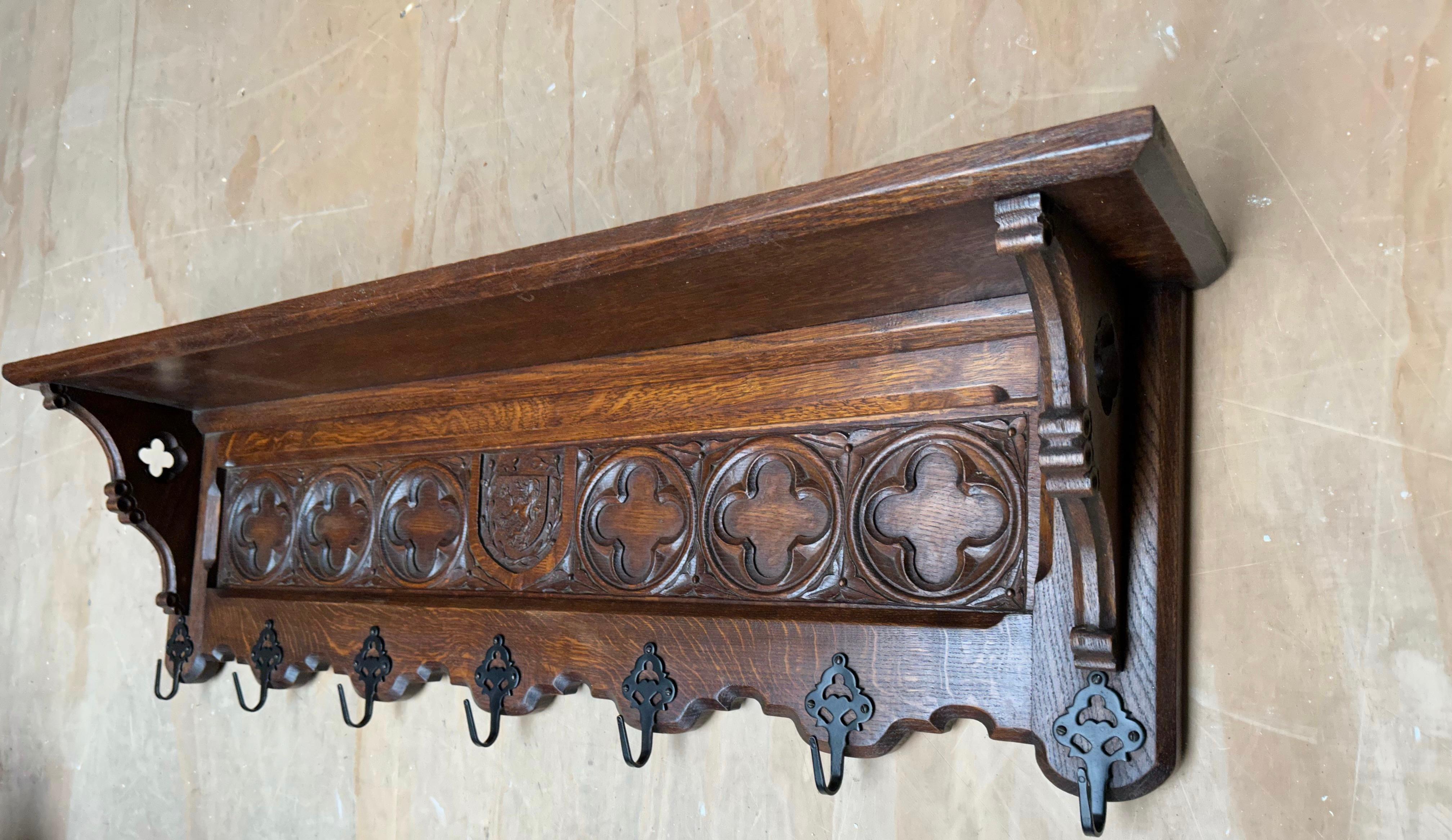 Hand Carved Gothic Revival Oak Wall Coat Rack with Stylish Church Window Panels For Sale 3