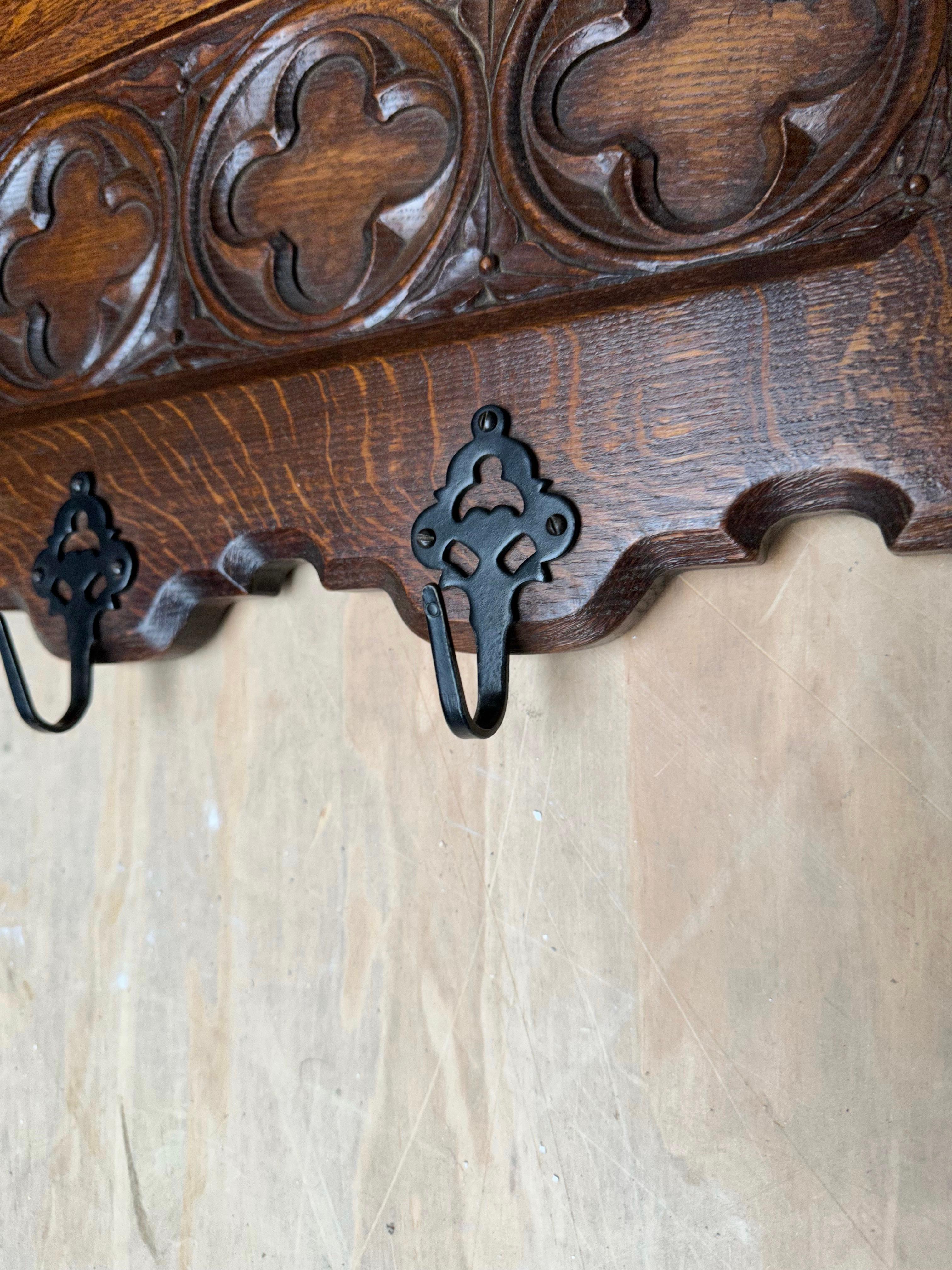 Hand Carved Gothic Revival Oak Wall Coat Rack with Stylish Church Window Panels For Sale 5
