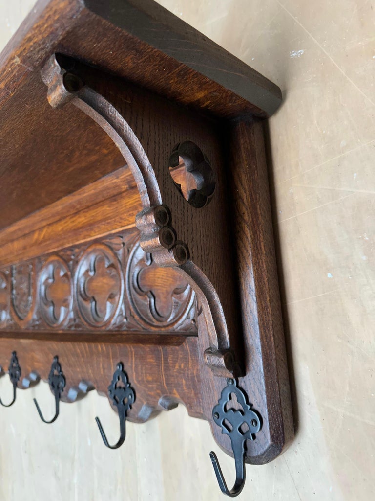 Hand Carved Gothic Revival Oak Wall Coat Rack with Stylish Church ...