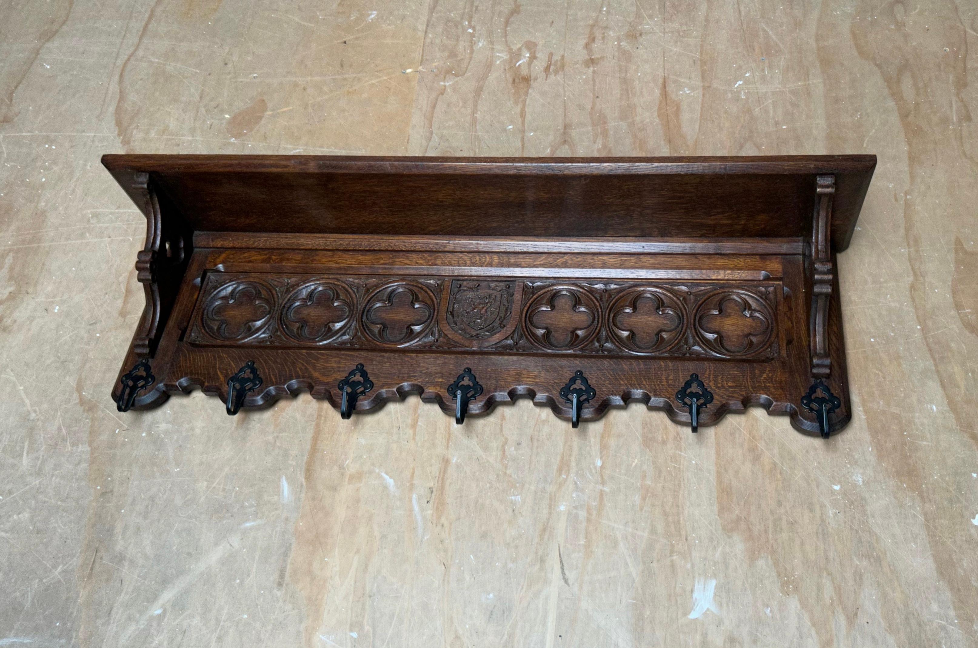 Hand Carved Gothic Revival Oak Wall Coat Rack with Stylish Church Window Panels For Sale 8