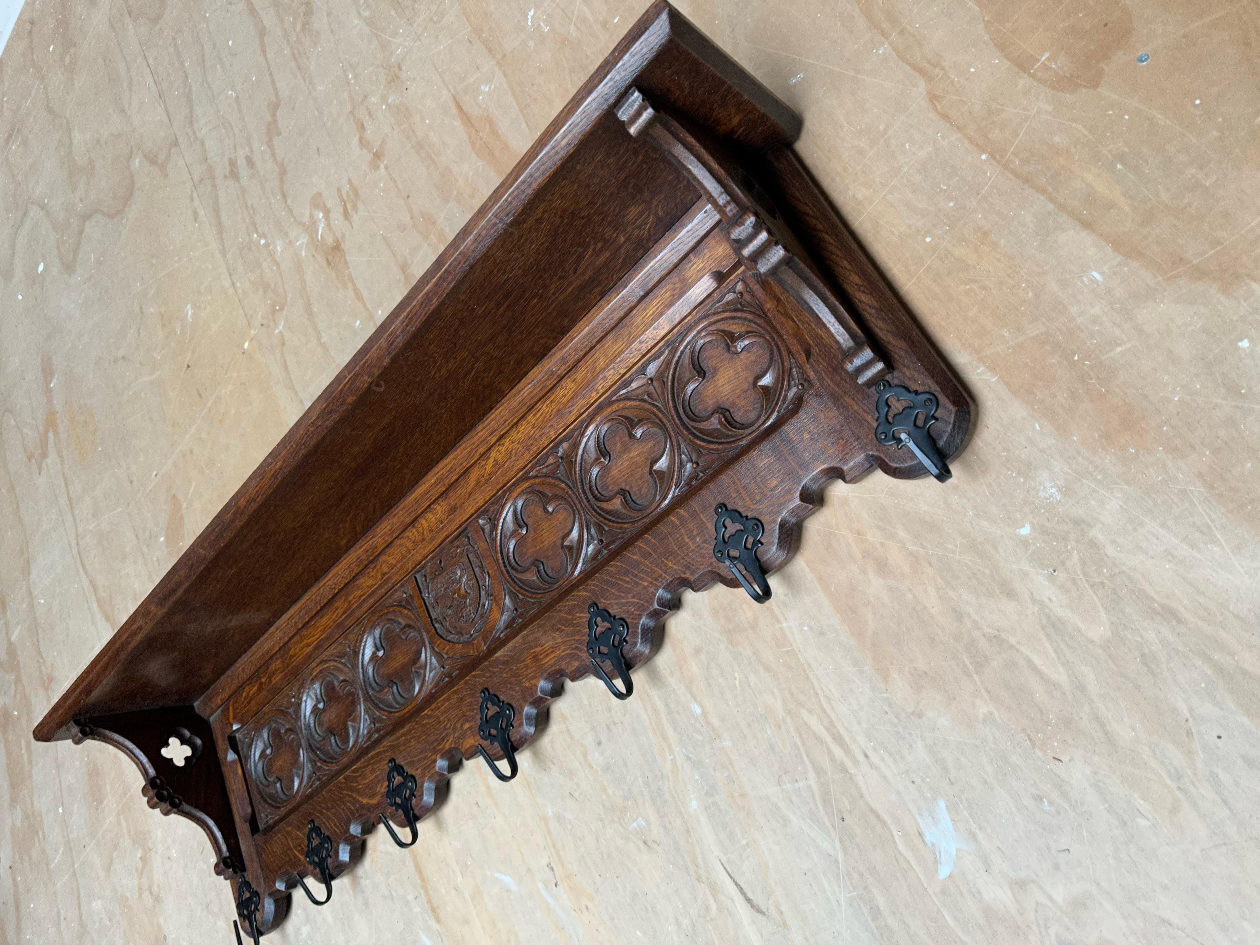 Hand Carved Gothic Revival Oak Wall Coat Rack with Stylish Church Window Panels For Sale 9
