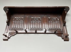Hand Carved Gothic Revival Oak Wall Coat Rack with Stylish Church Window Panels