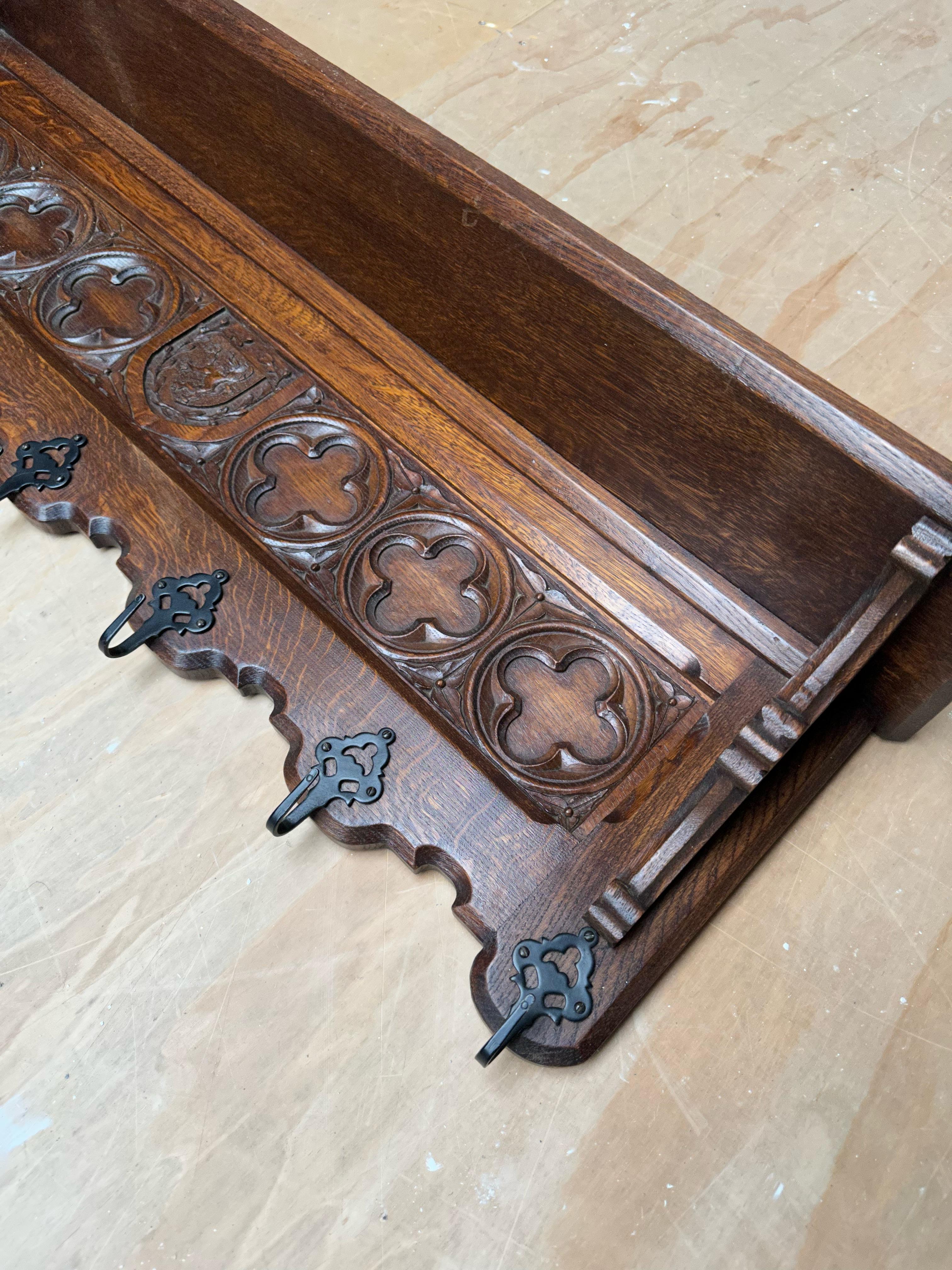 Hand Carved Gothic Revival Oak Wall Coat Rack with Stylish Church Window Panels For Sale 10
