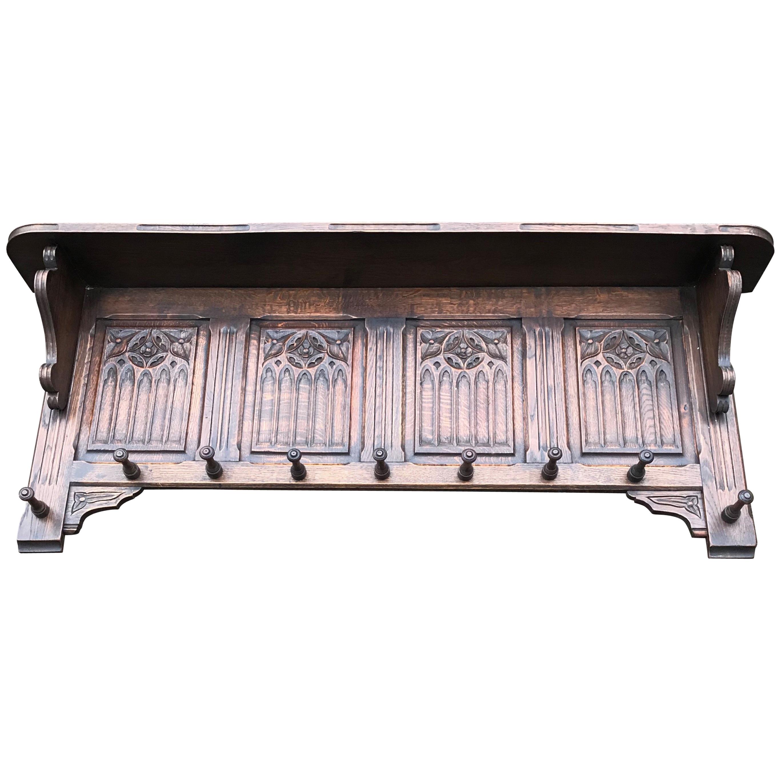 Hand Carved Gothic Revival Oak Wall Coat Rack with Stylish Church Window Panels