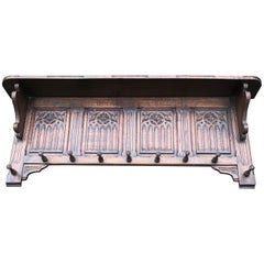Hand Carved Gothic Revival Oak Wall Coat Rack with Stylish Church Window Panels