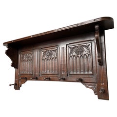 Hand Carved Gothic Revival Oak Wall Coat Rack with Stylish Church Window Panels