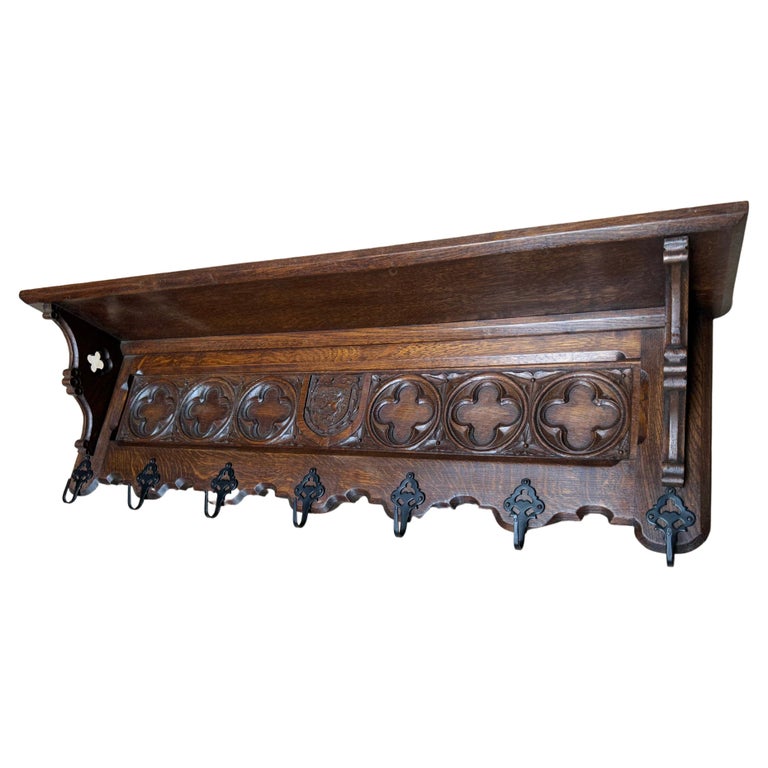 Hand Carved Gothic Revival Oak Wall Coat Rack with Stylish Church ...