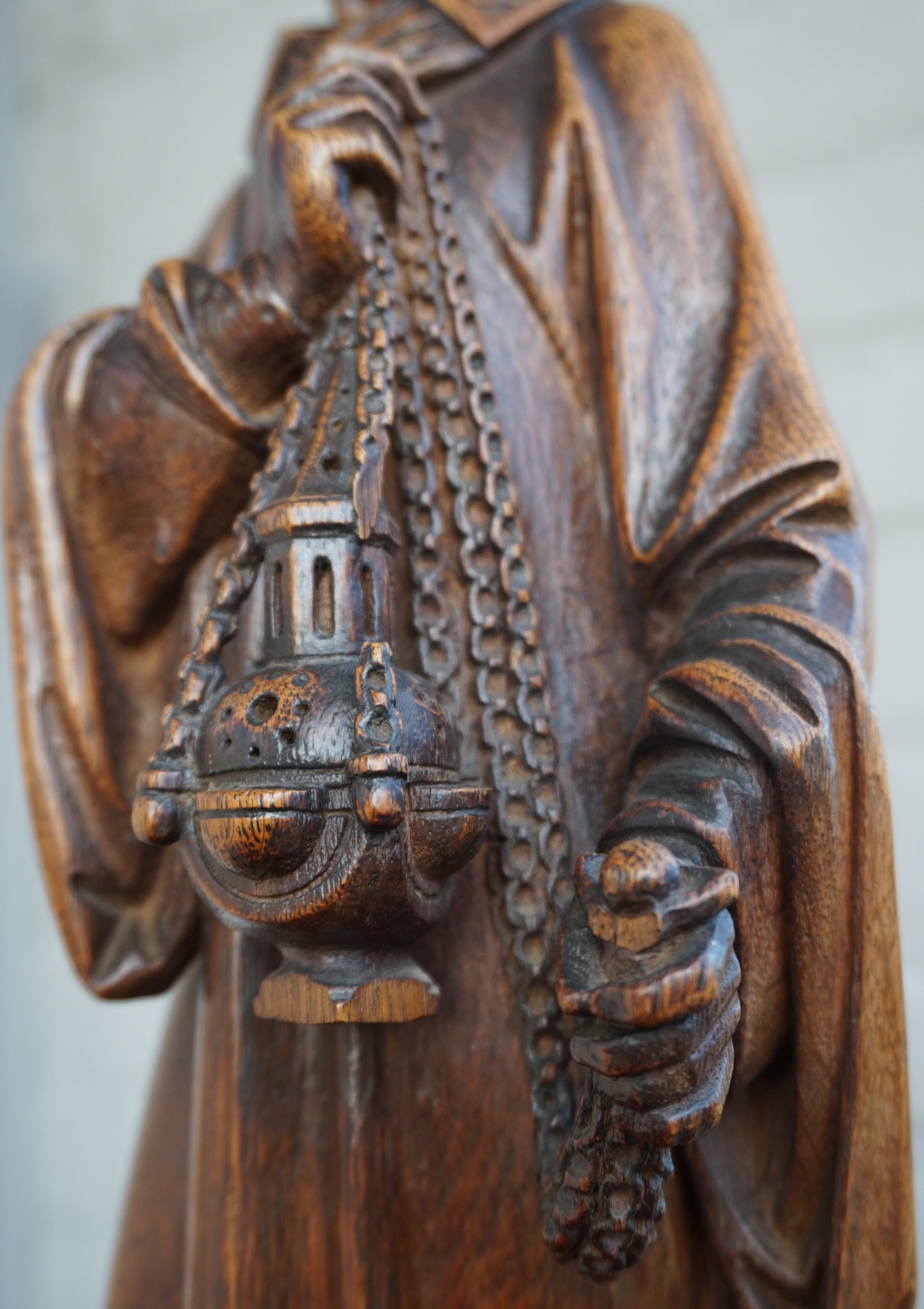 Hand Carved Gothic Revival Oakwood Altar Boy Sculpture Holding a Church Censer For Sale 11