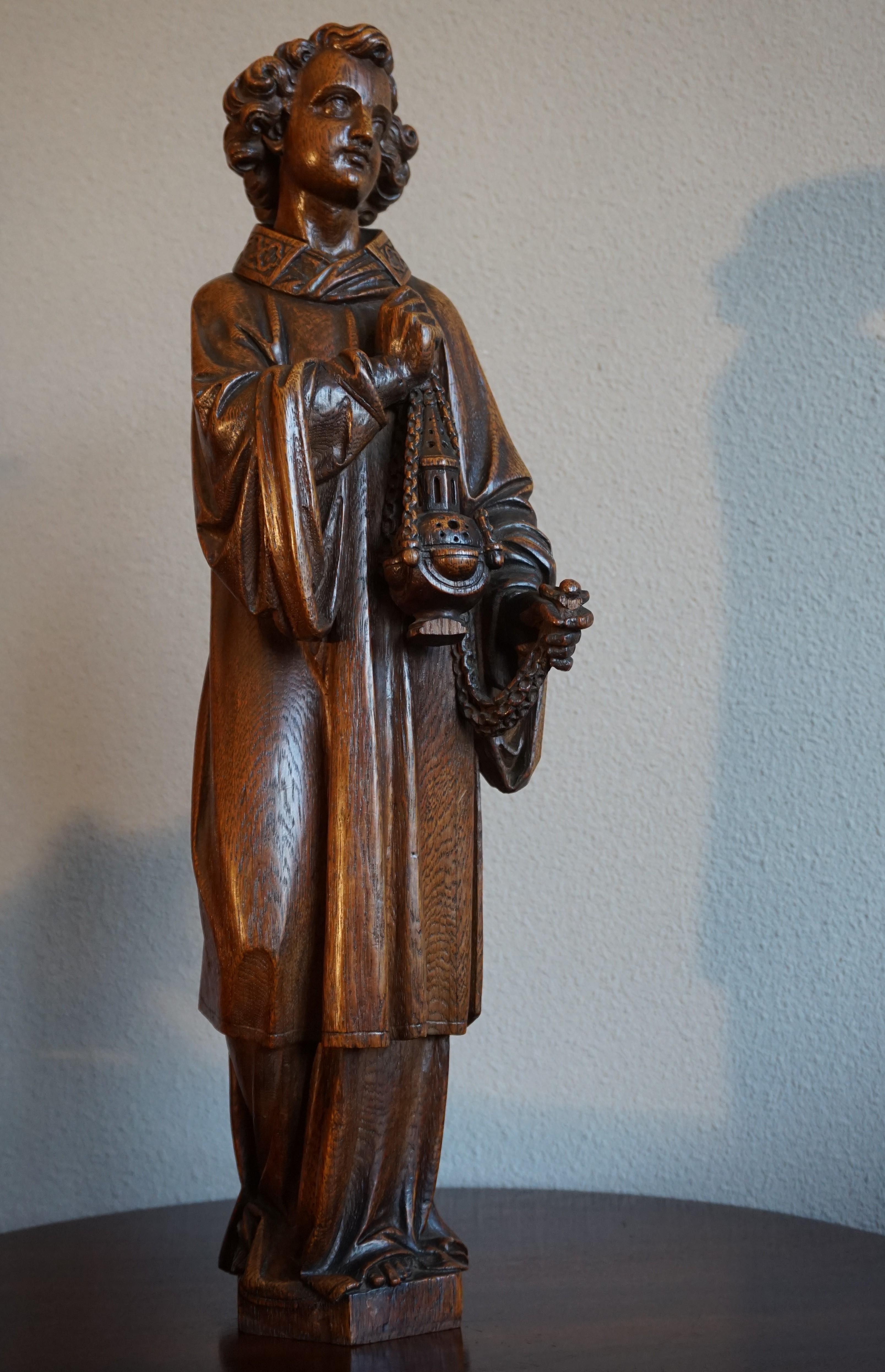 Hand Carved Gothic Revival Oakwood Altar Boy Sculpture Holding a Church Censer For Sale 12