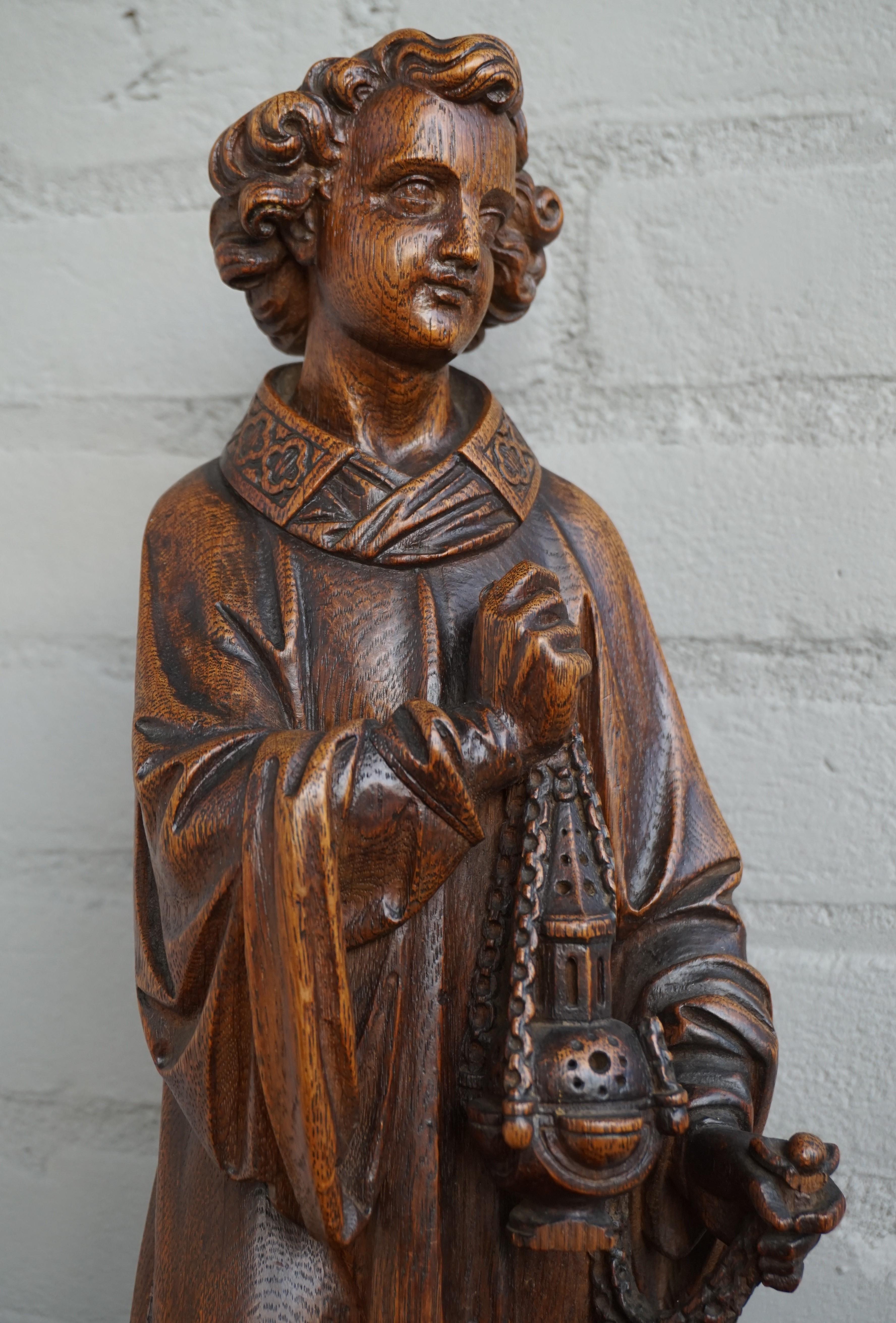 Stunning and unique, mid-19th century work of religious art.

Over the years we have sold many good quality sculptures of saints, but we have never seen or sold a top quality carved, wooden sculpture of an altar boy. The fact that this 19th