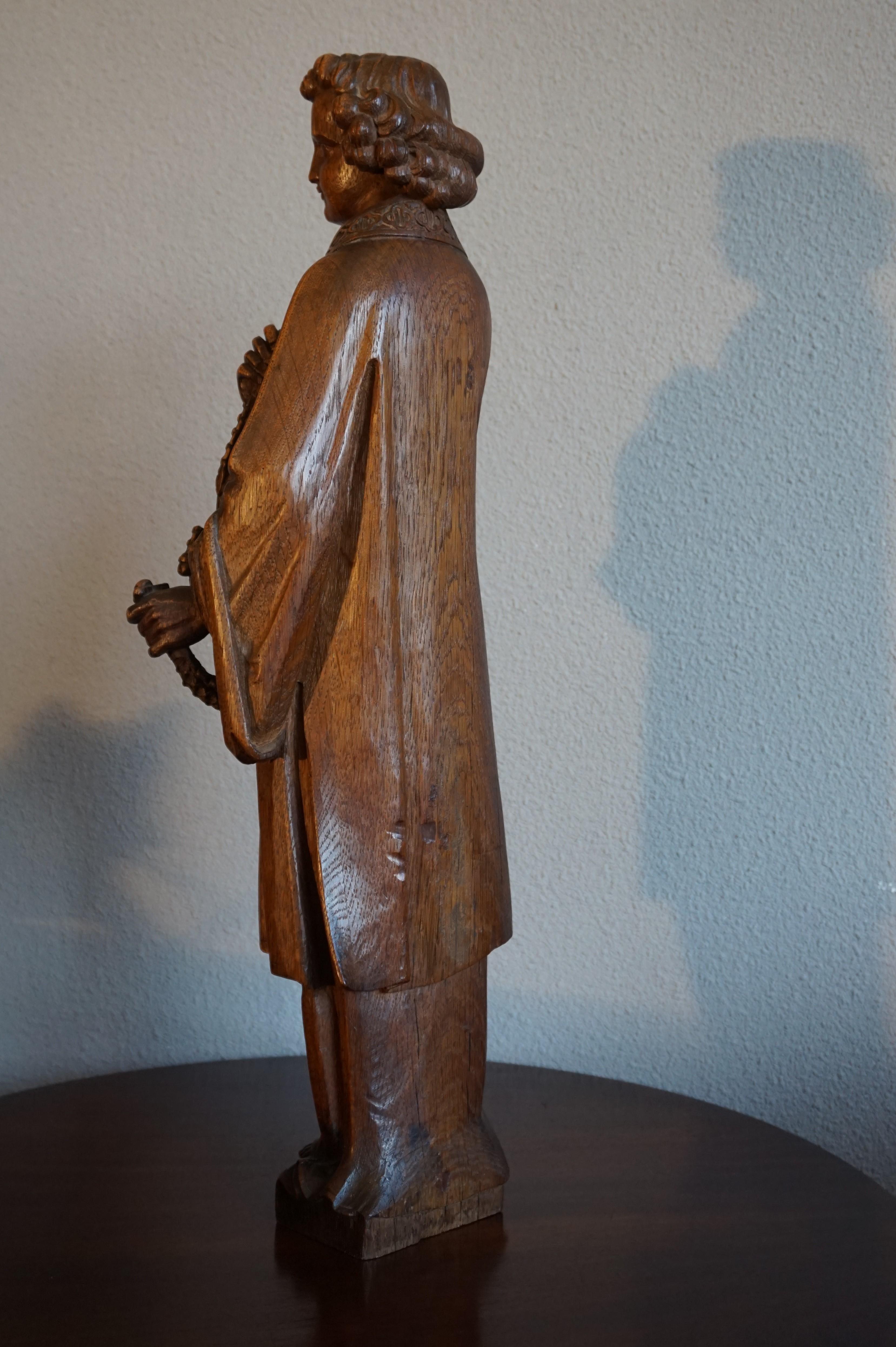 Hand Carved Gothic Revival Oakwood Altar Boy Sculpture Holding a Church Censer For Sale 2