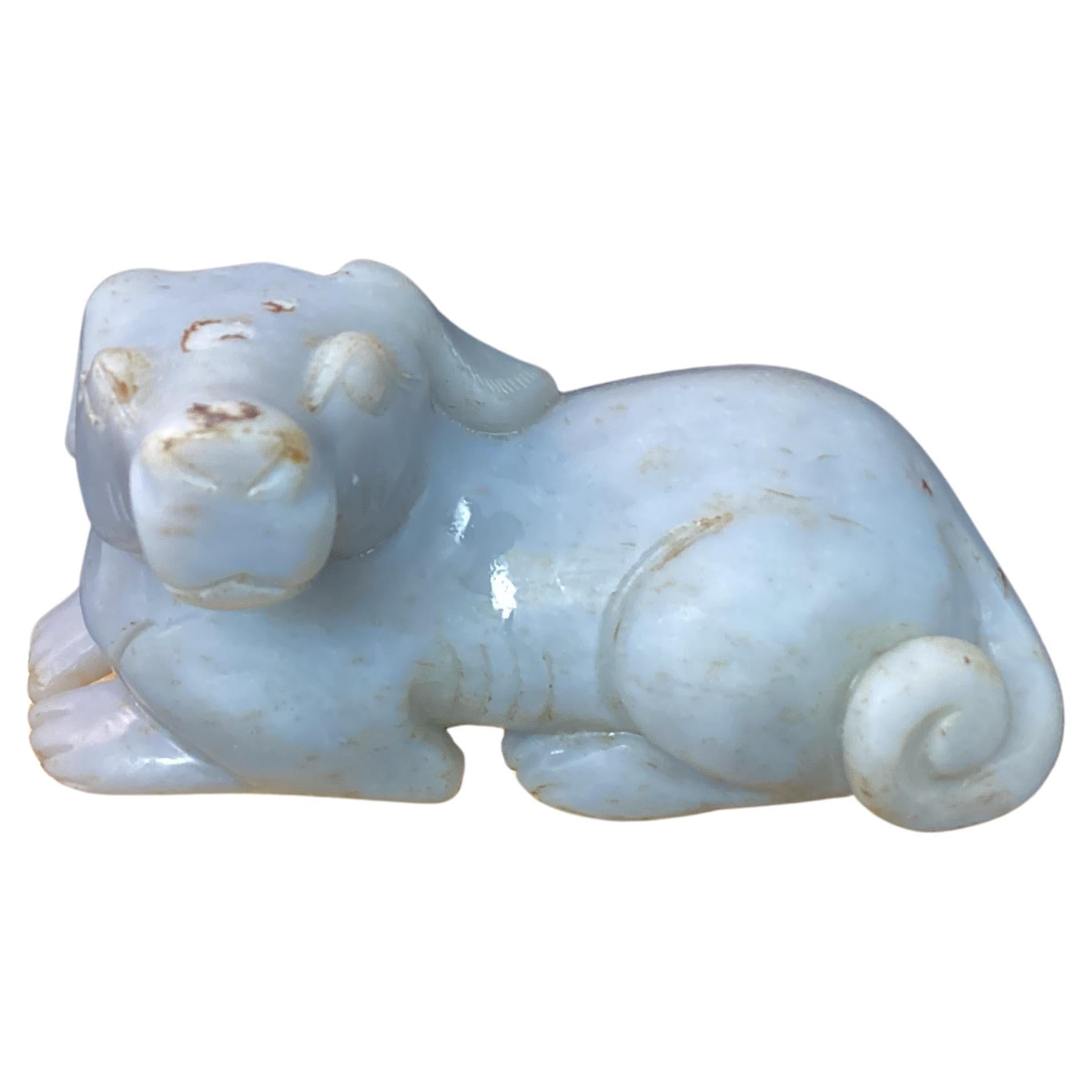 Hand-Carved Gray Chinese Jade Figurine of Dog For Sale