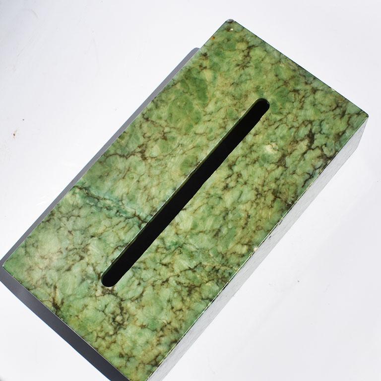 Low wide tissue box cover created from green alabaster. Hand carved in Italy, this beautiful stone piece will make a stunning addition to a bathroom, vanity, or occasional table.

Specifications:
10.5