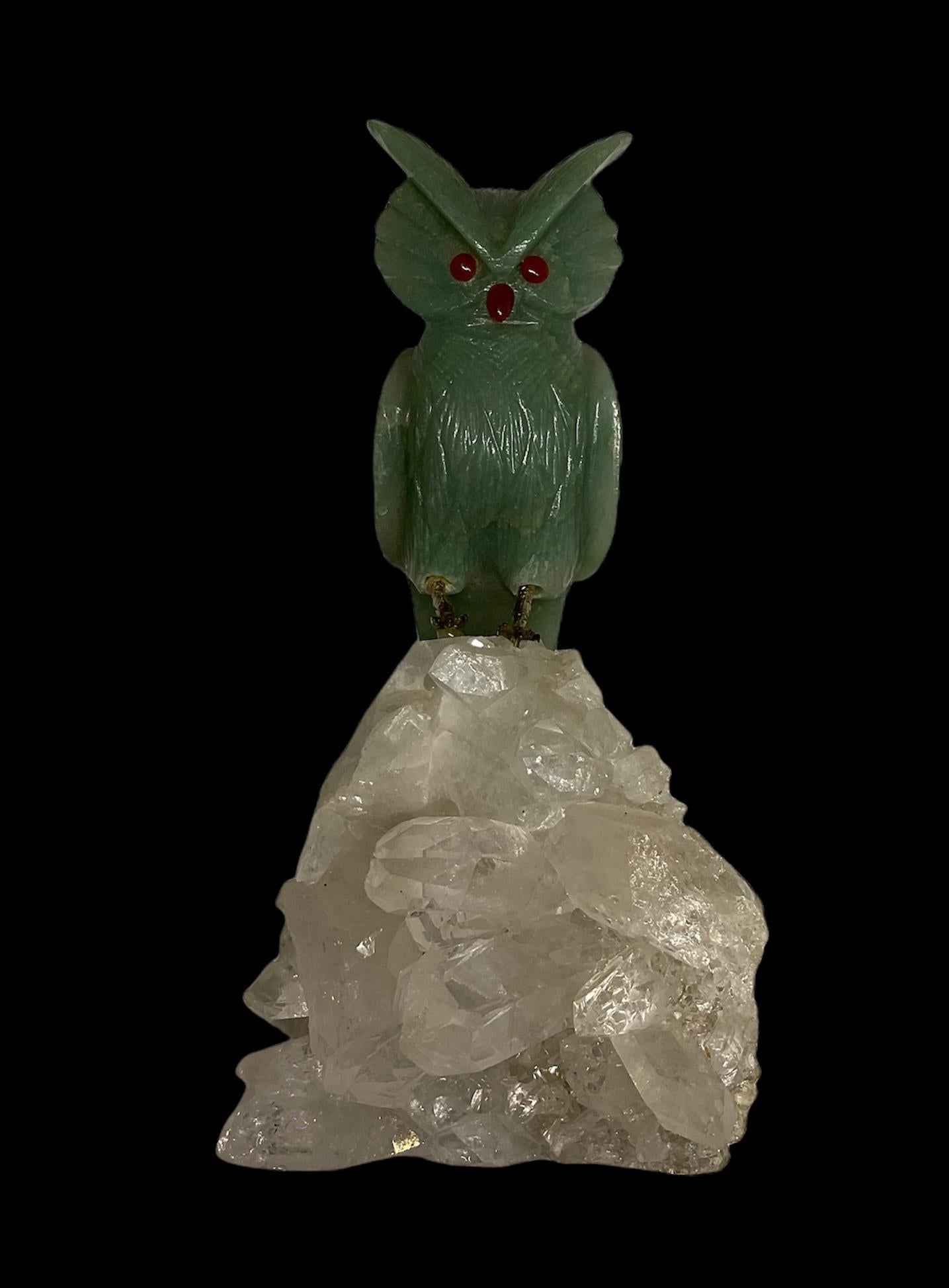 Brazilian Hand Carved Green Gemstone Owl Sculpture 