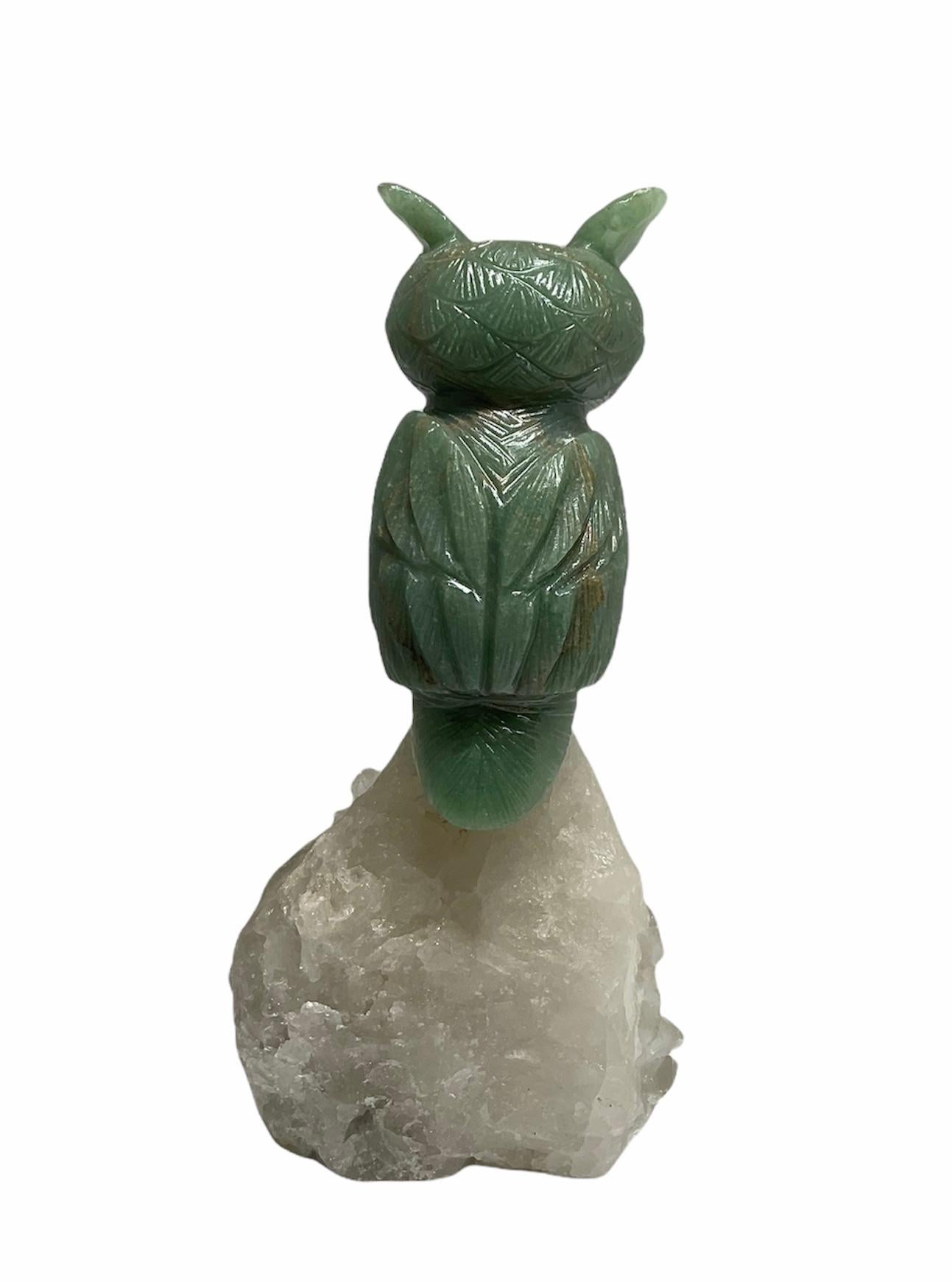 Hand-Carved Hand Carved Green Gemstone Owl Sculpture 