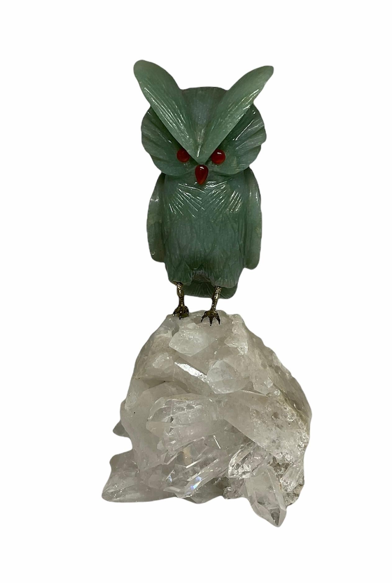 20th Century Hand Carved Green Gemstone Owl Sculpture 