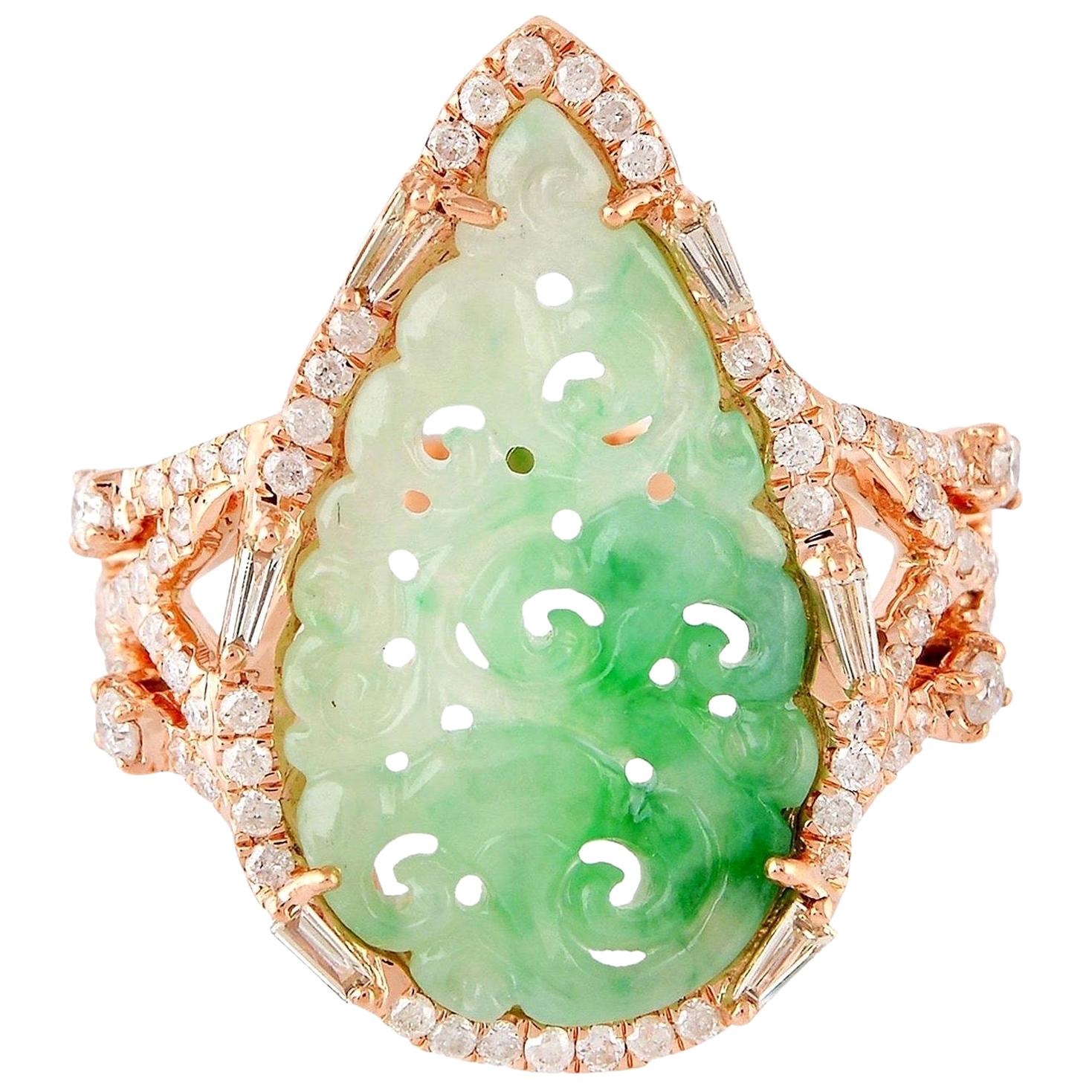 For Sale:  Hand Carved Green Jade 18 Karat Gold Diamond Ring