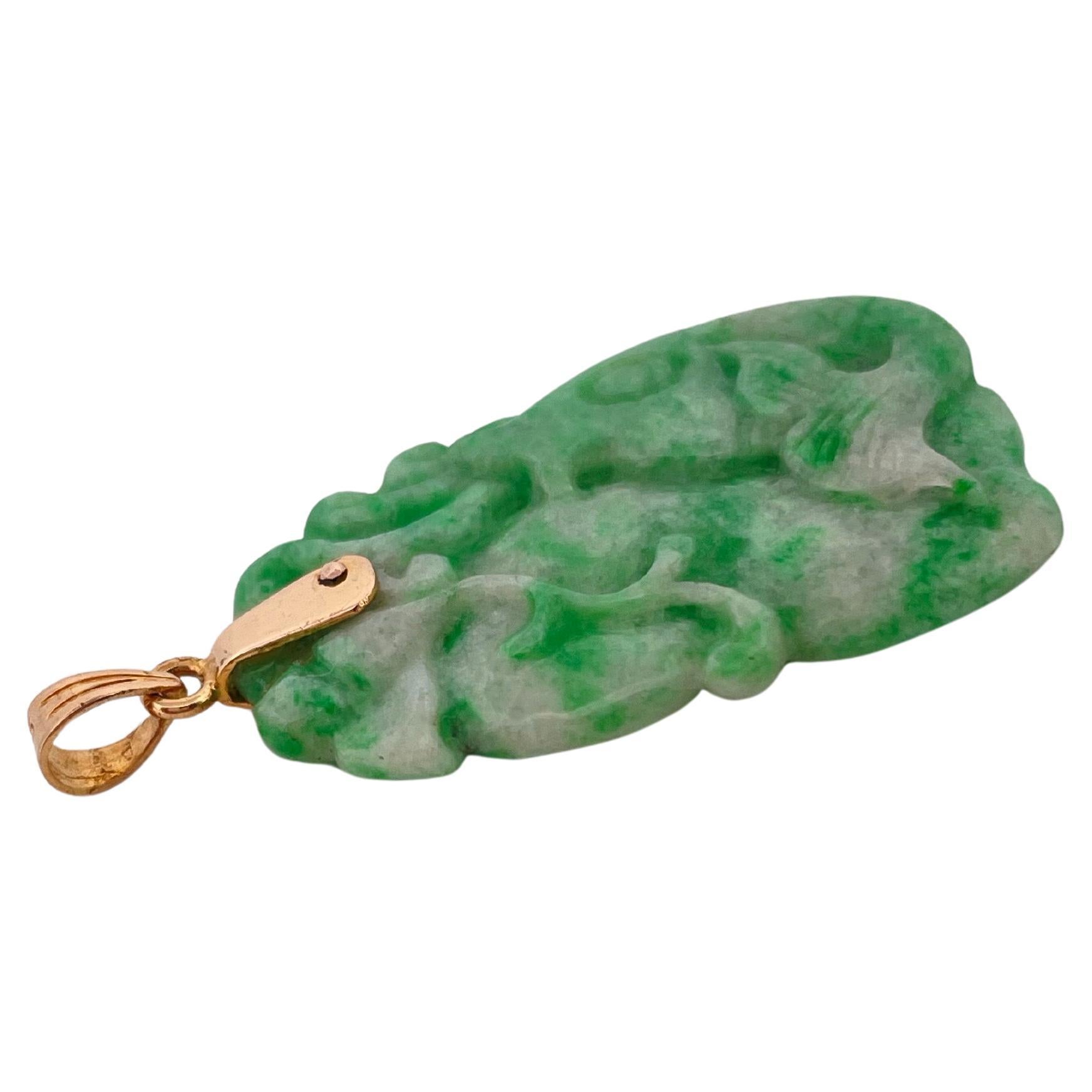 Contemporary Hand Carved Green Jade Pendant with 14k Yellow Gold Bail For Sale